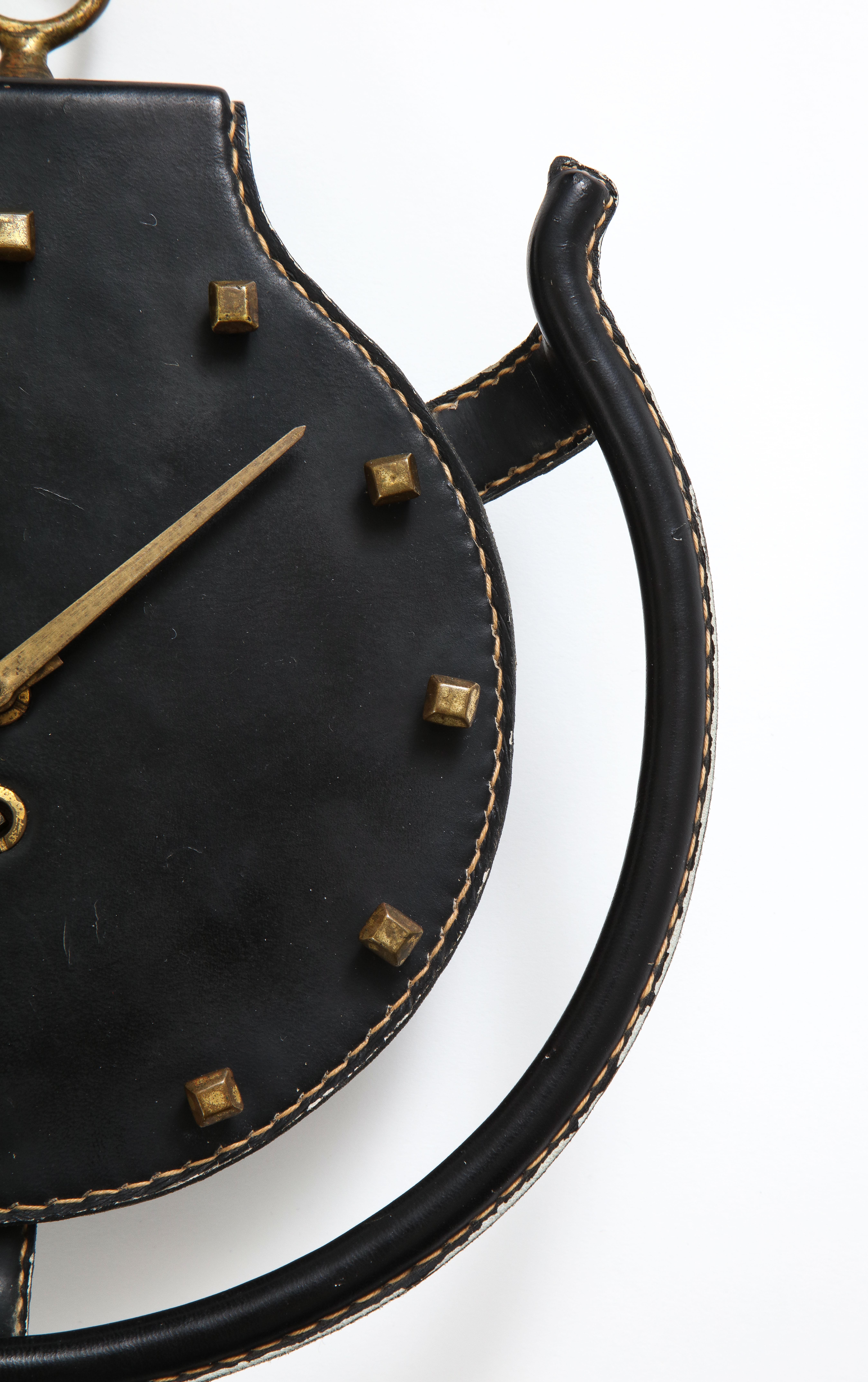 Brass Jacques Adnet Rare Leather and Bronze Horseshoe Wall Clock, France, 1950s For Sale