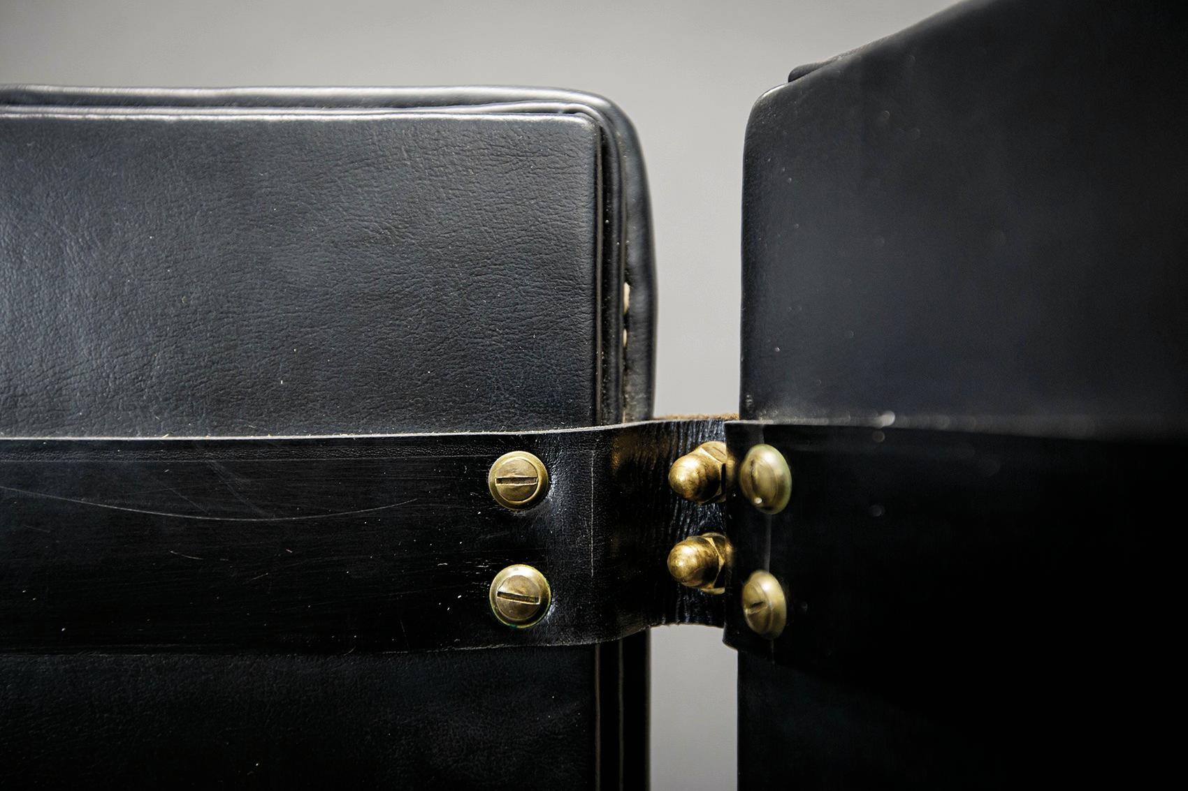 French Jacques Adnet Rare Midcentury Screen Leather and Brass from 1950s