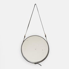 Jacques Adnet Rare Original Black Leather Round Wall Mirror, France, 1950s