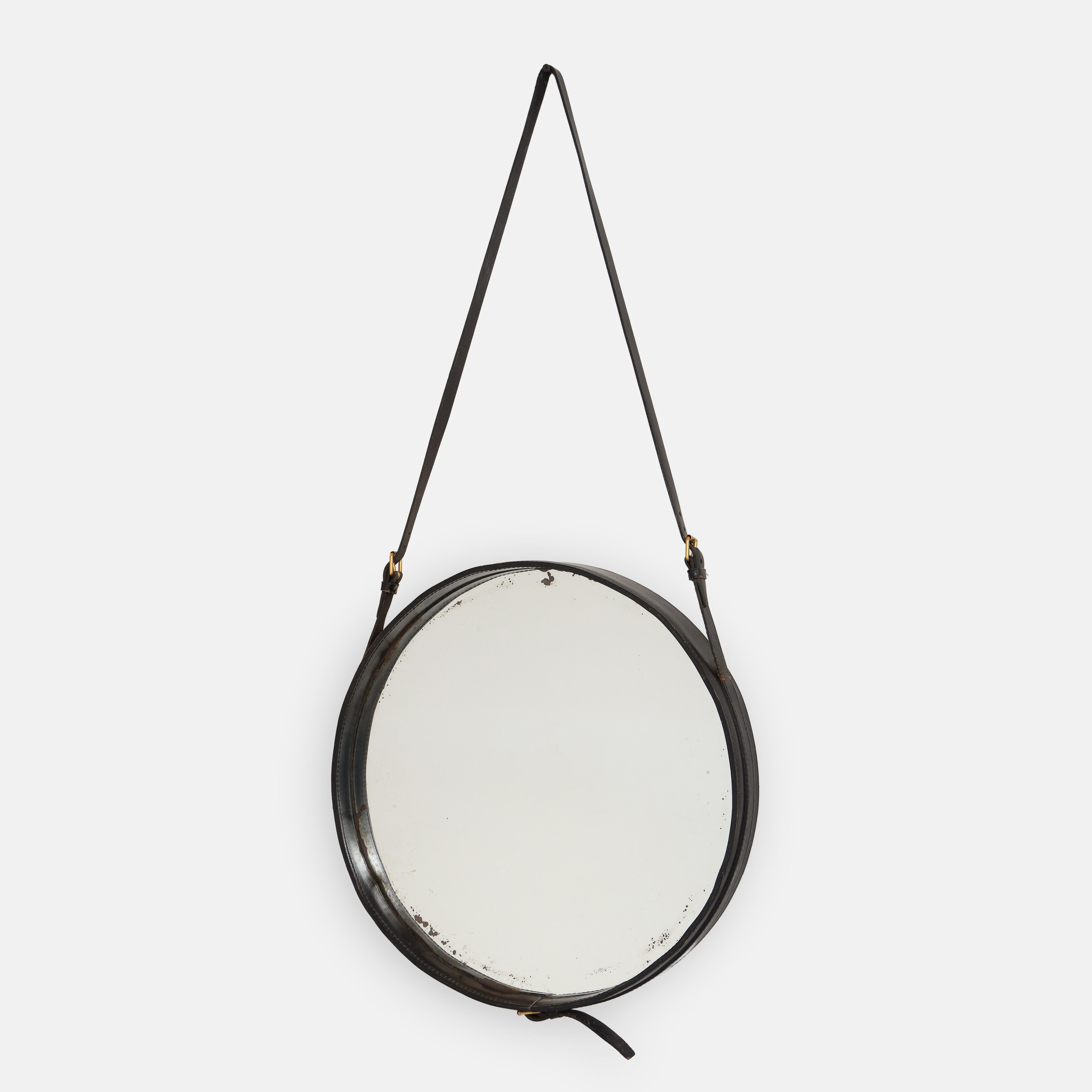 Mid-Century Modern Jacques Adnet Rare Original Black Leather Round Wall Mirror, France, 1950s For Sale