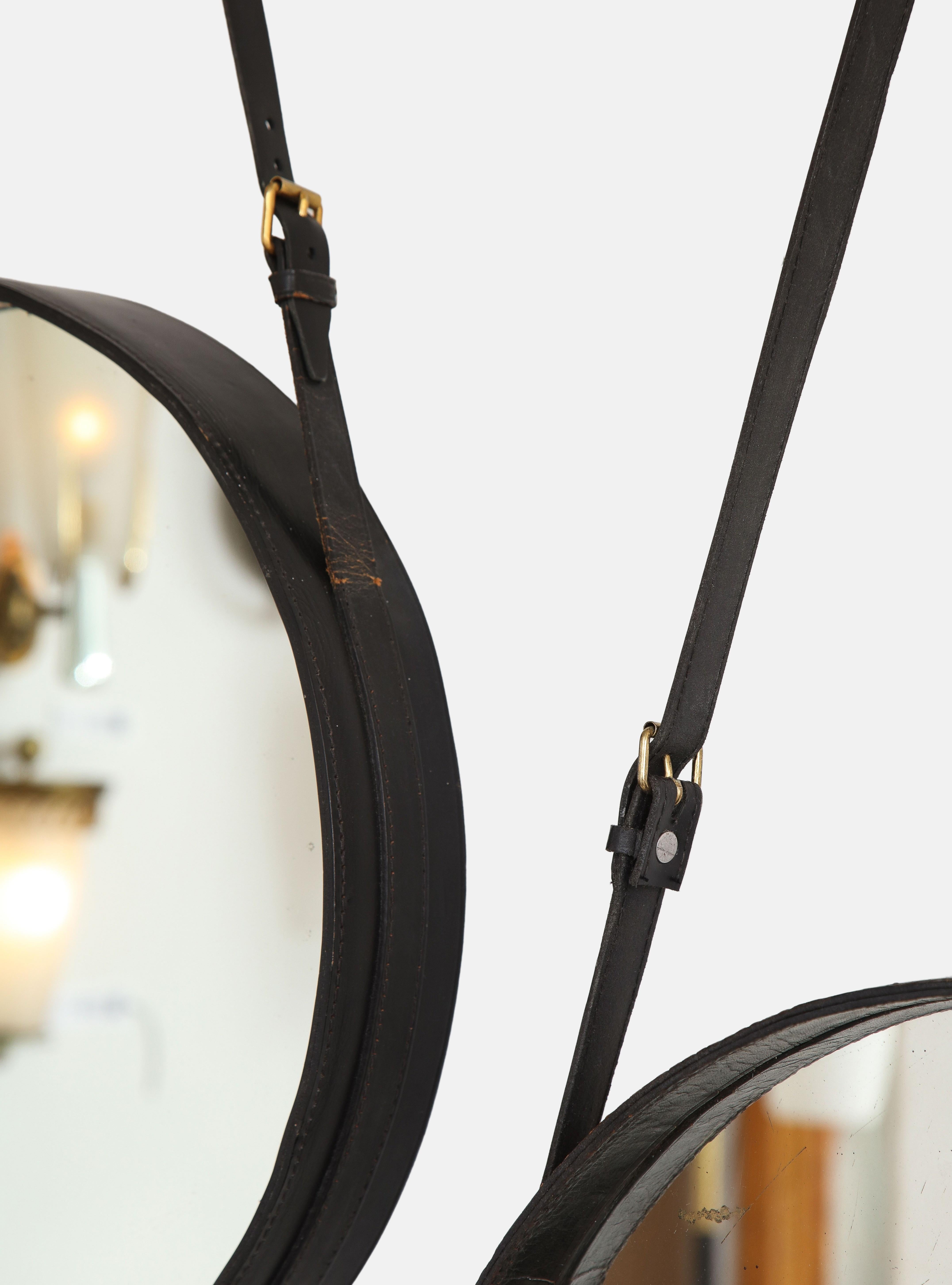 French Jacques Adnet Rare Original Black Leather Round Wall Mirror, France, 1950s For Sale