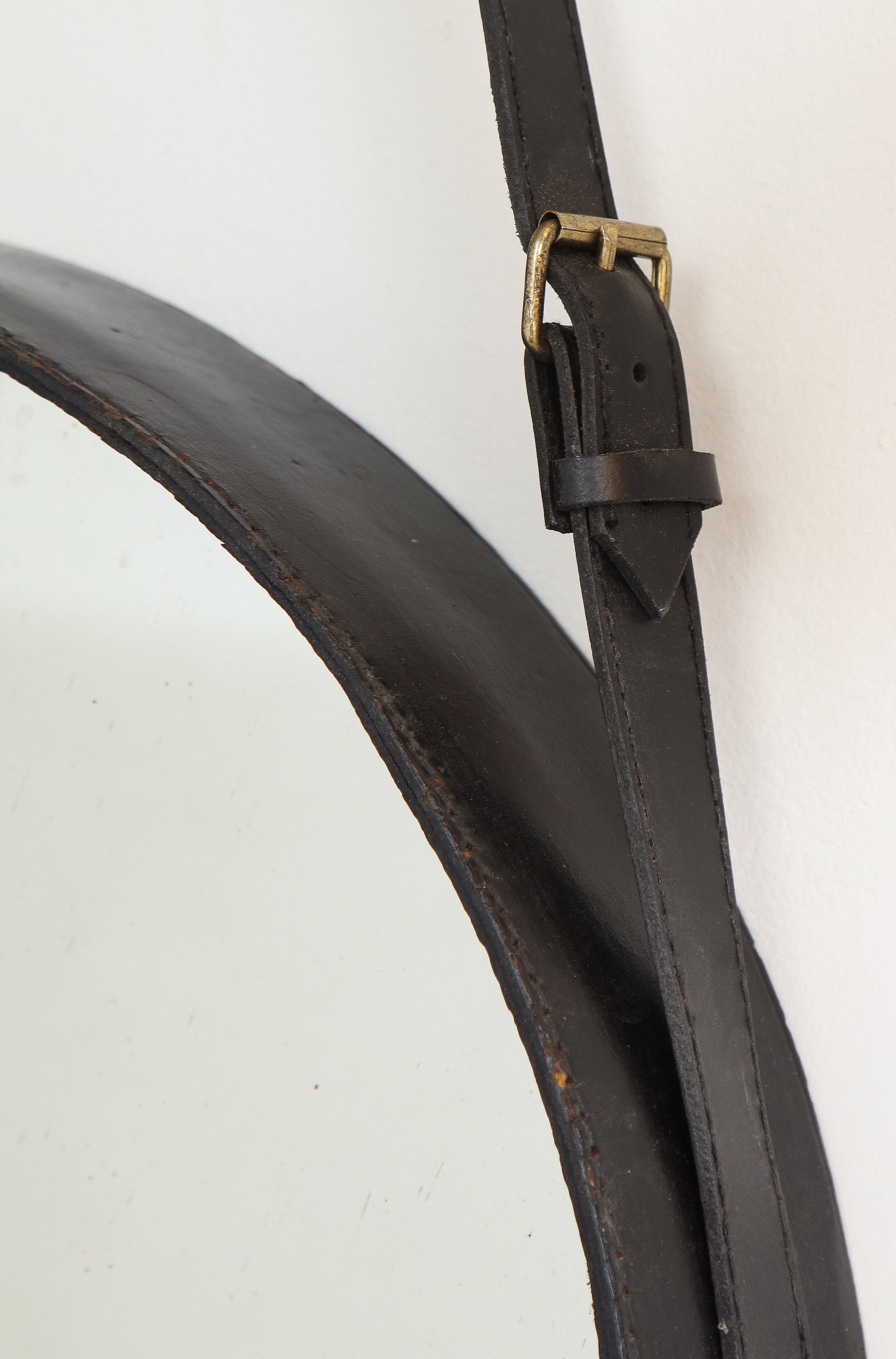 Jacques Adnet Rare Original Black Leather Round Wall Mirror, France, 1950s In Good Condition For Sale In New York, NY