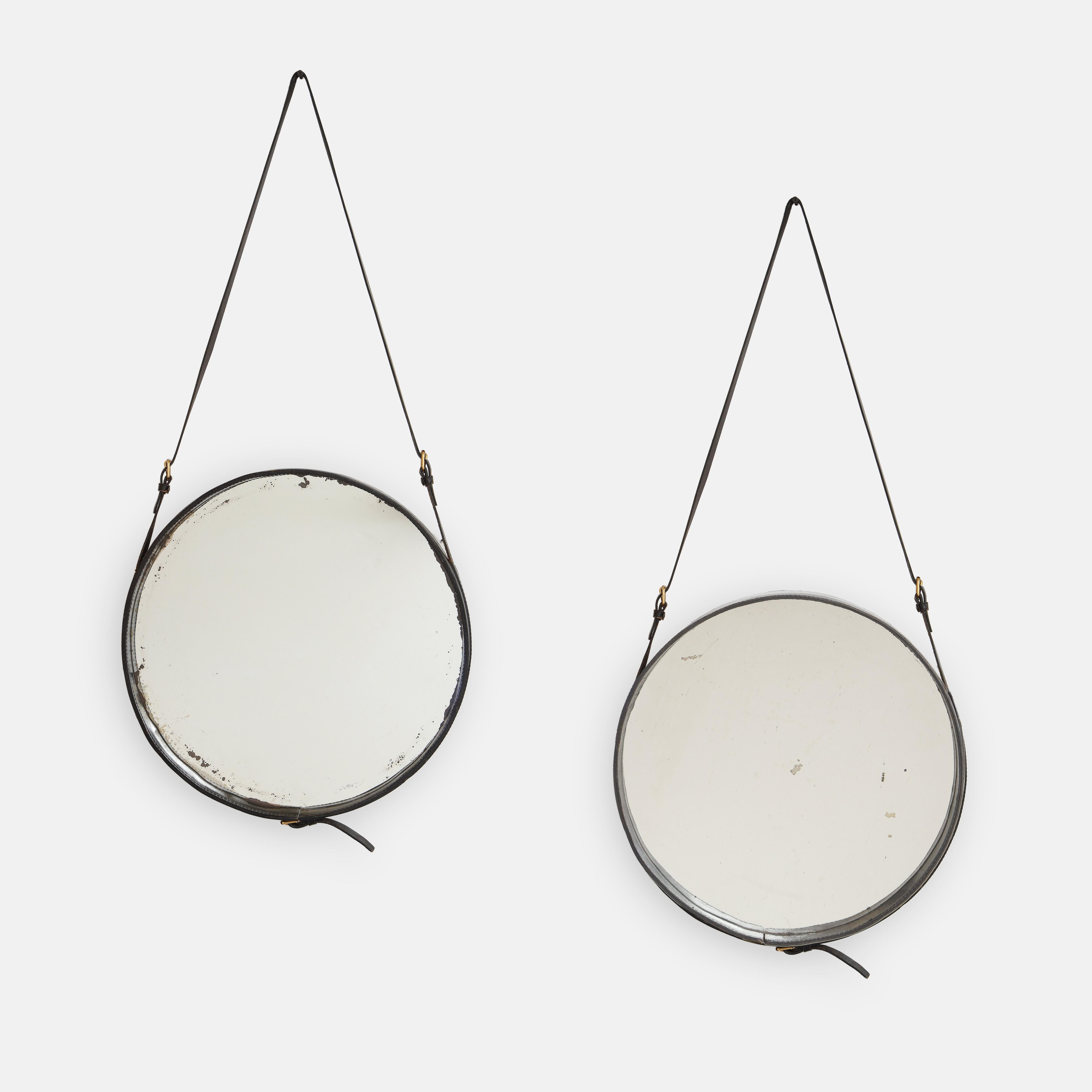 Jacques Adnet Rare Original Black Leather Round Wall Mirror, France, 1950s For Sale 1