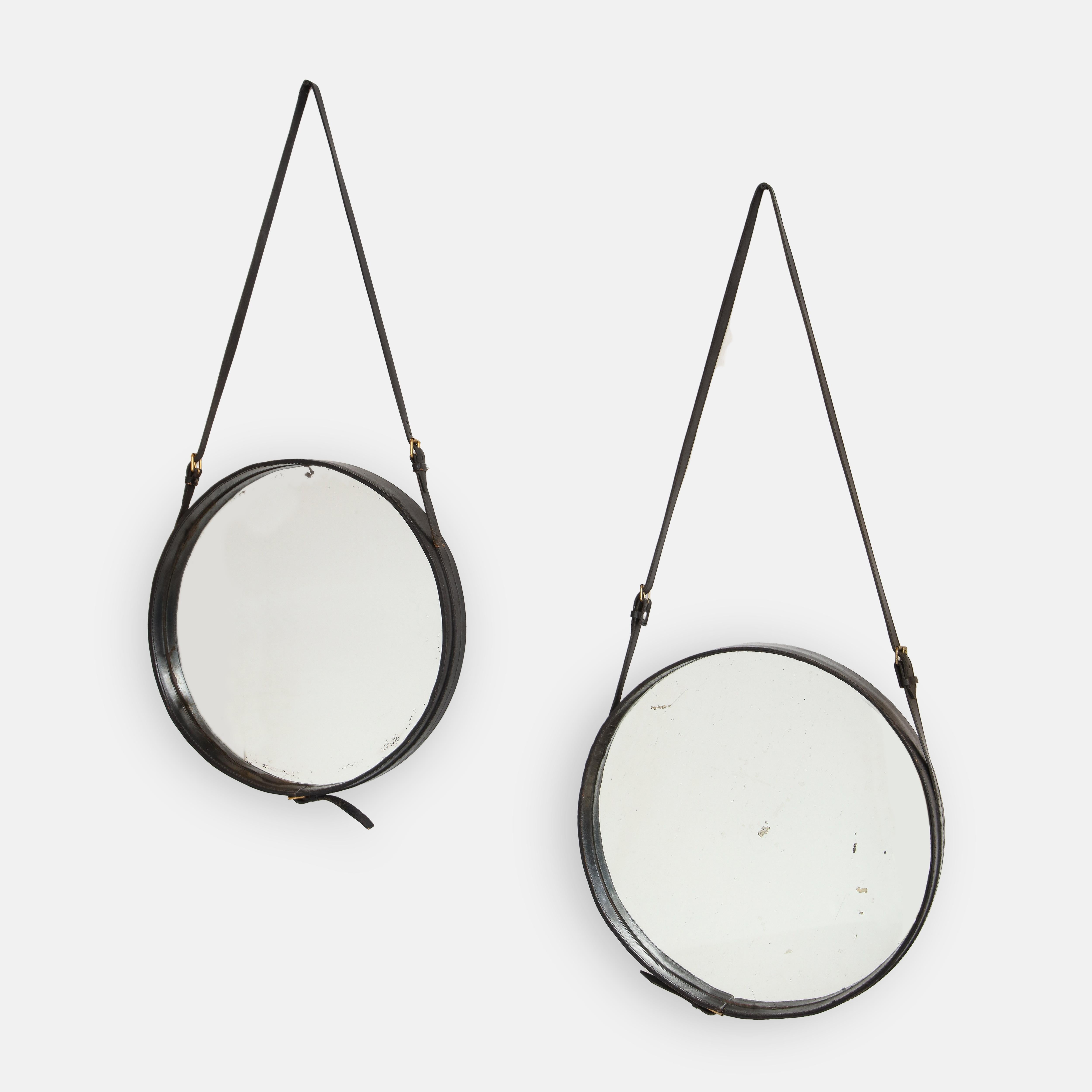 Jacques Adnet Rare Original Black Leather Round Wall Mirror, France, 1950s For Sale 2