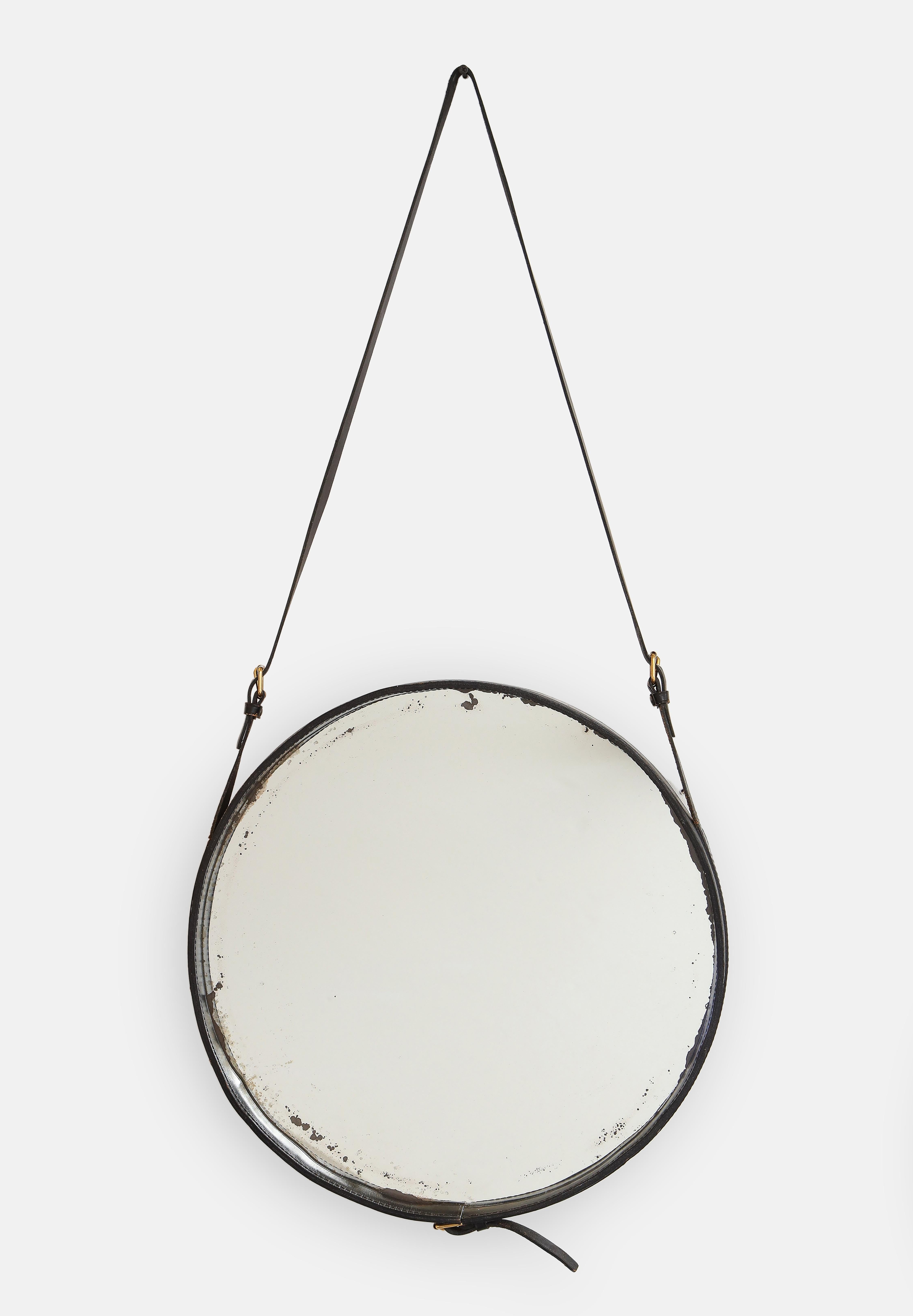 Mid-Century Modern Rare paire de miroirs muraux en cuir d'origine de Jacques Adnet, France, années 1950 en vente
