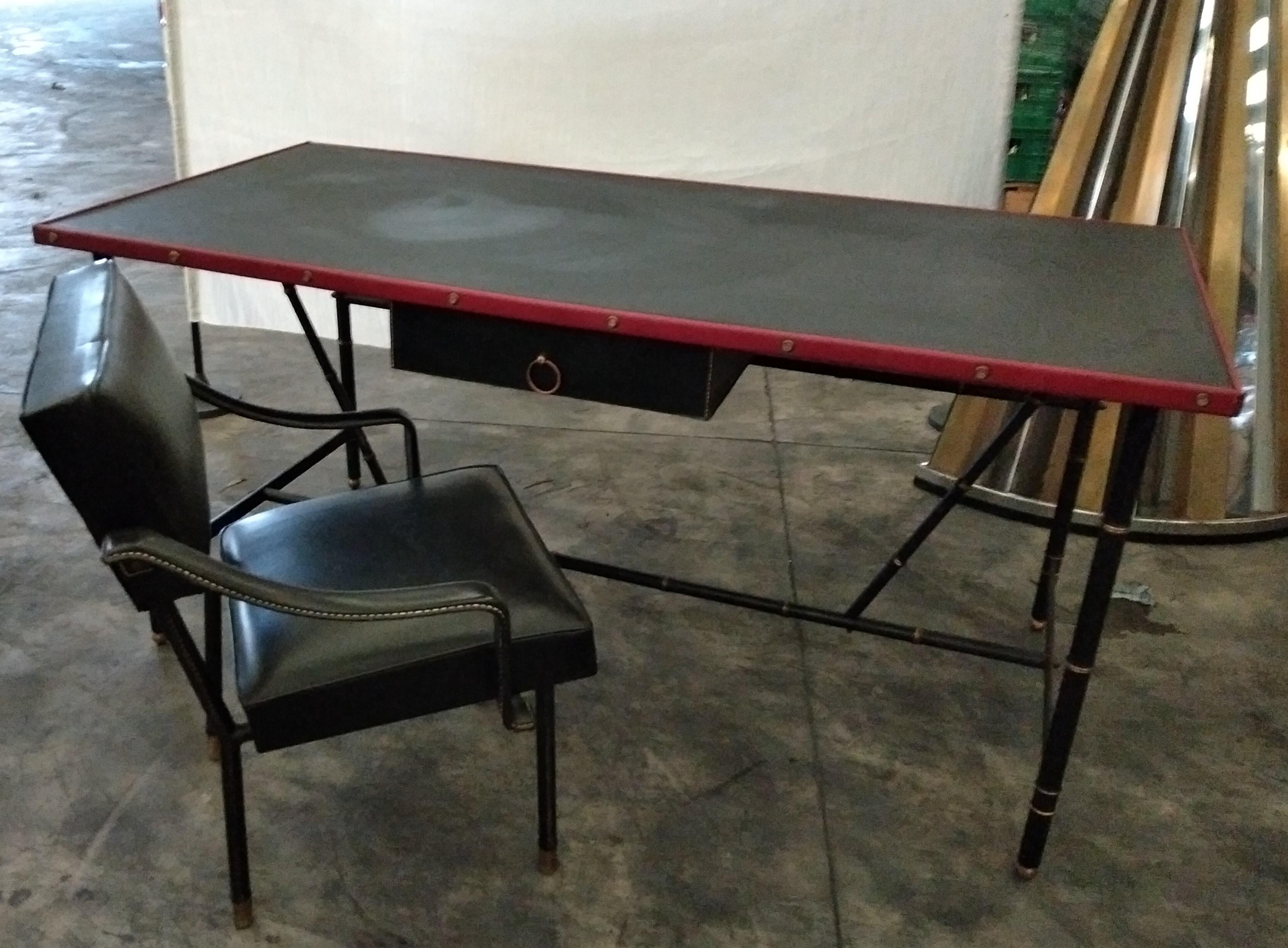 Mid-Century Modern Jacques Adnet Red and Black Leather Desk, Bamboo Style Metal Frame, French, 1950 For Sale