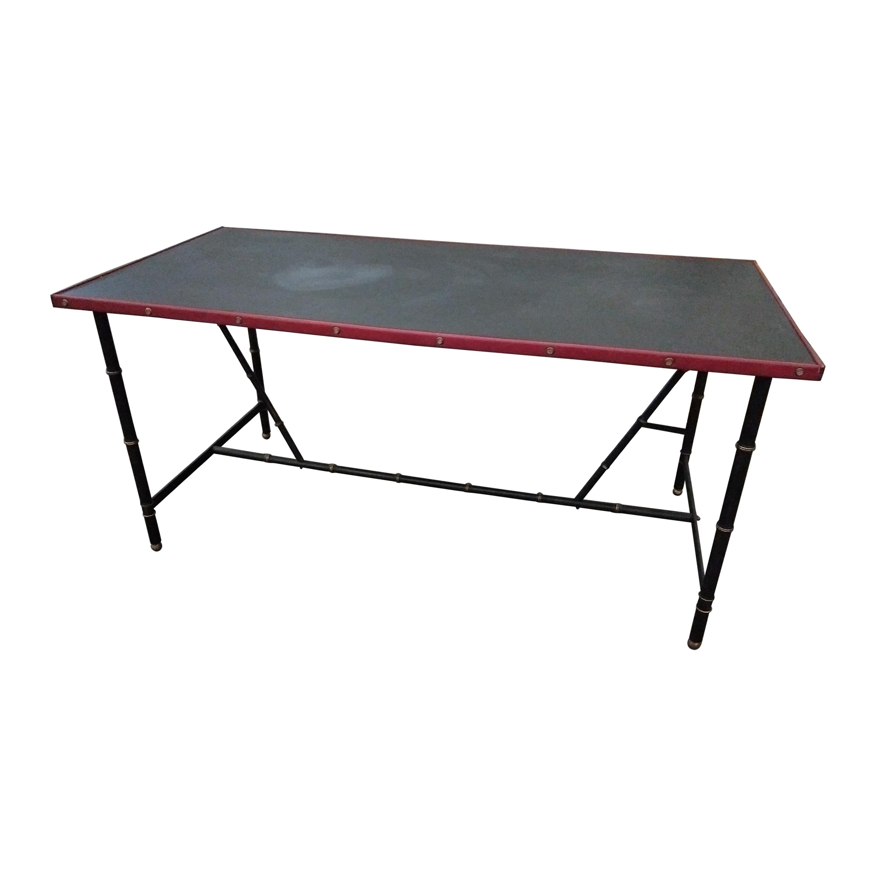 Jacques Adnet Red and Black Leather Desk, Bamboo Style Metal Frame, French, 1950 For Sale