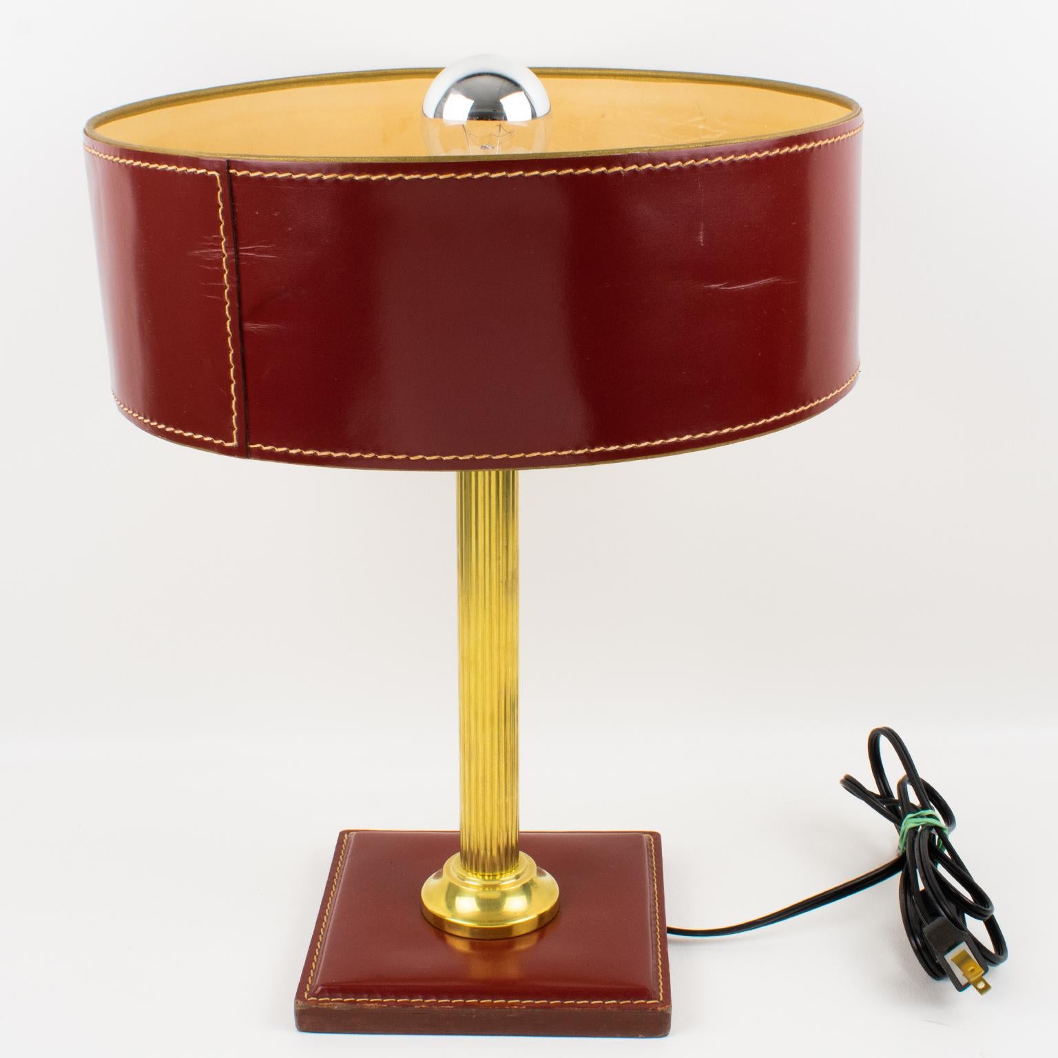 Mid-Century Modern Jacques Adnet Red Hand-Stitched Leather-Clad Table Lamp