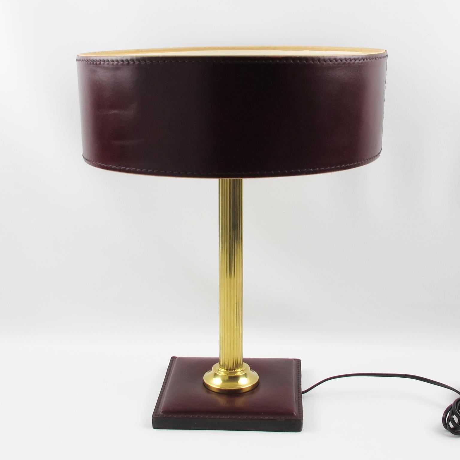 French Jacques Adnet Red Hand-Stitched Leather-Clad Table Lamp