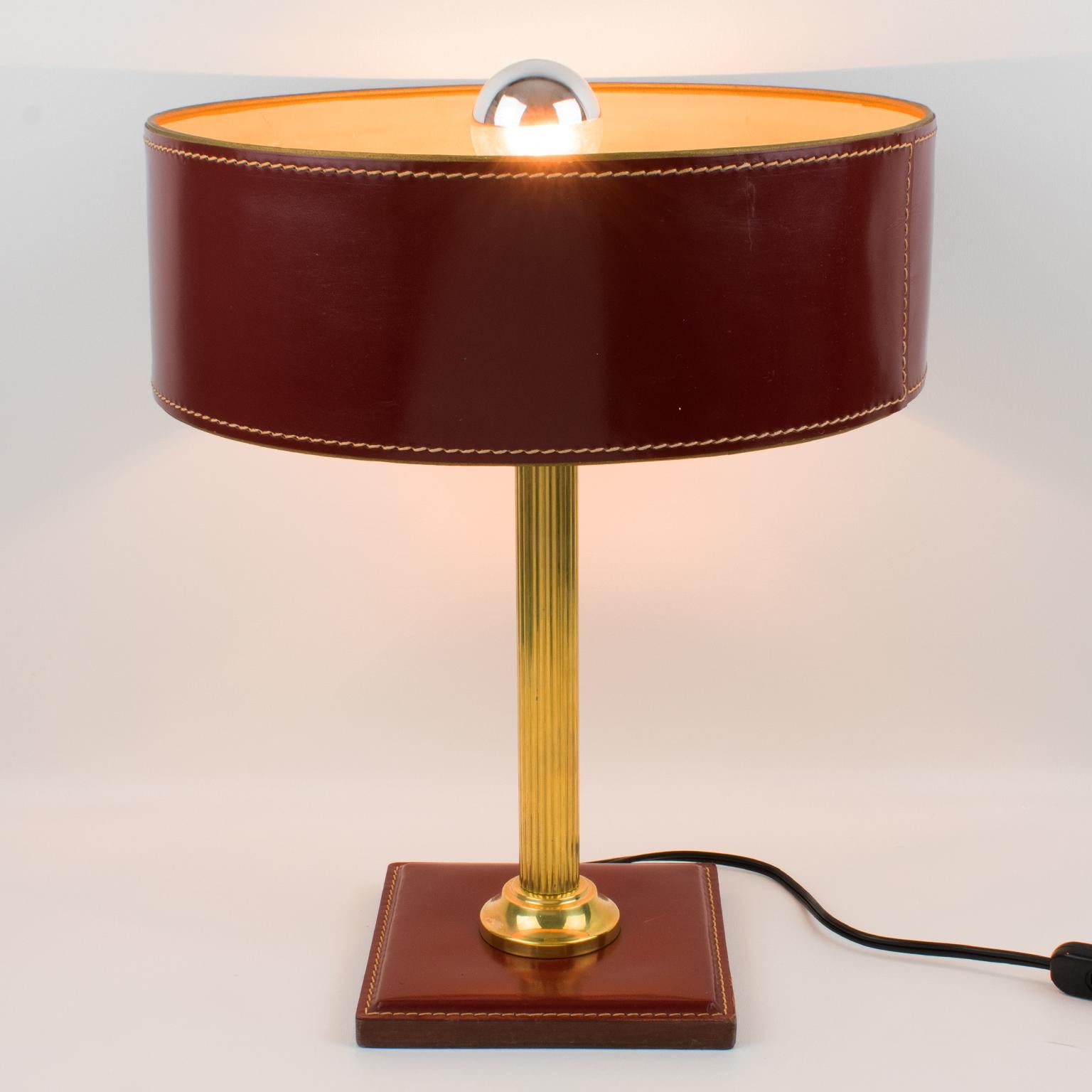 Jacques Adnet Red Hand-Stitched Leather-Clad Table Lamp In Good Condition In Atlanta, GA