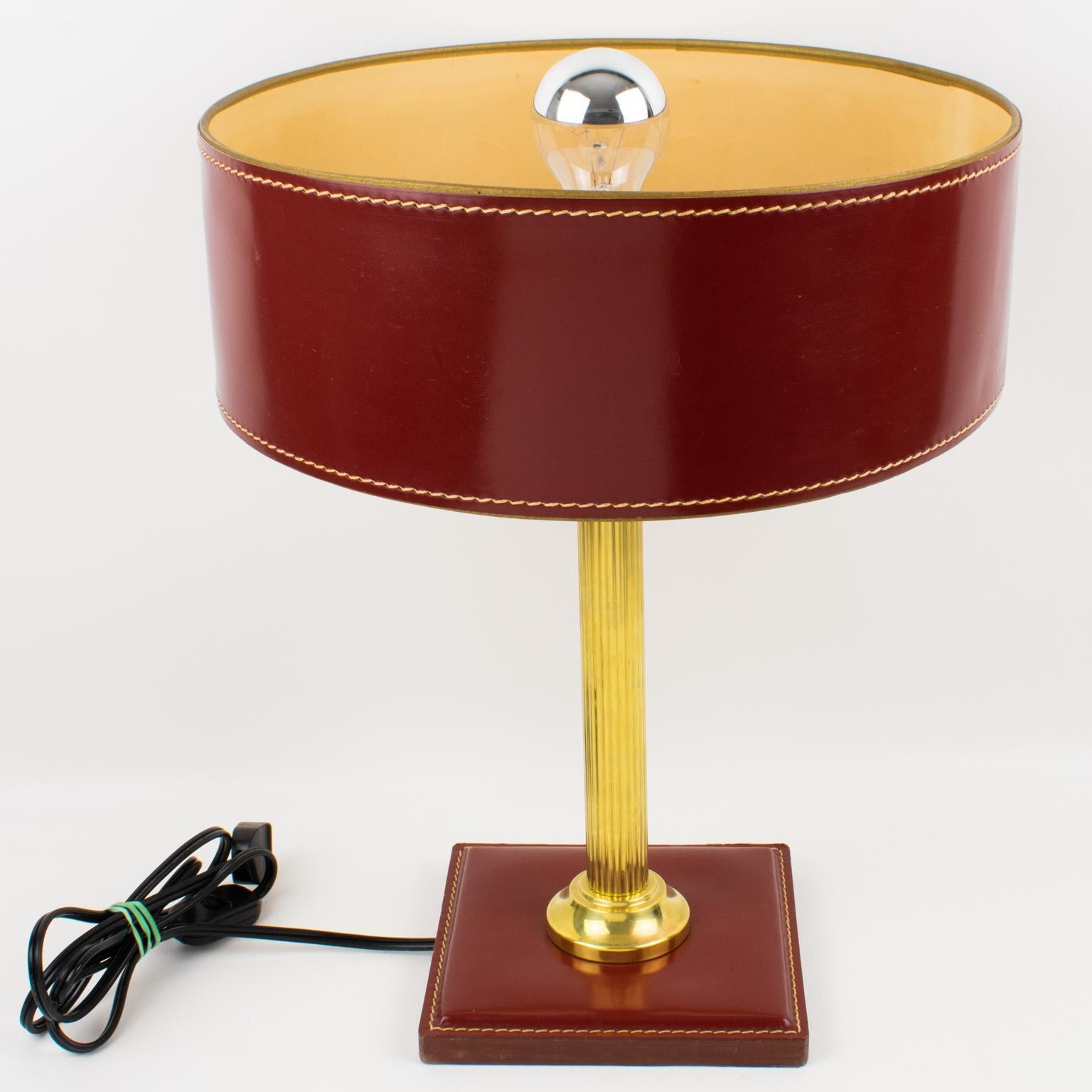 Mid-20th Century Jacques Adnet Red Hand-Stitched Leather-Clad Table Lamp