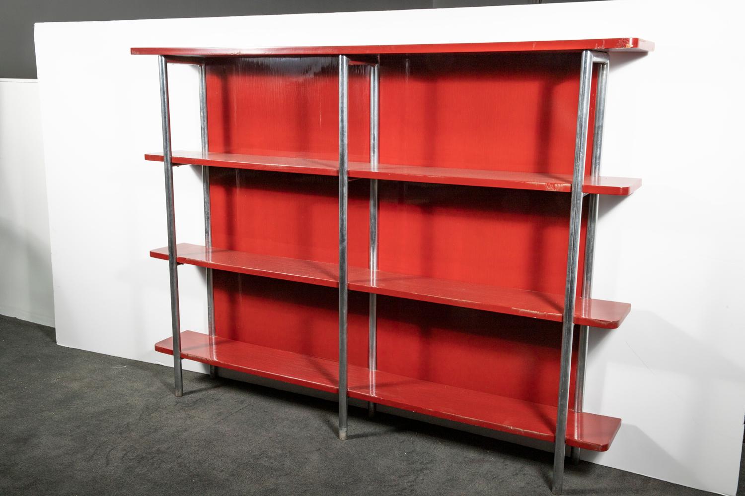 Jacques Adnet Red Lacquer Bookcase In Good Condition For Sale In Los Angeles, CA
