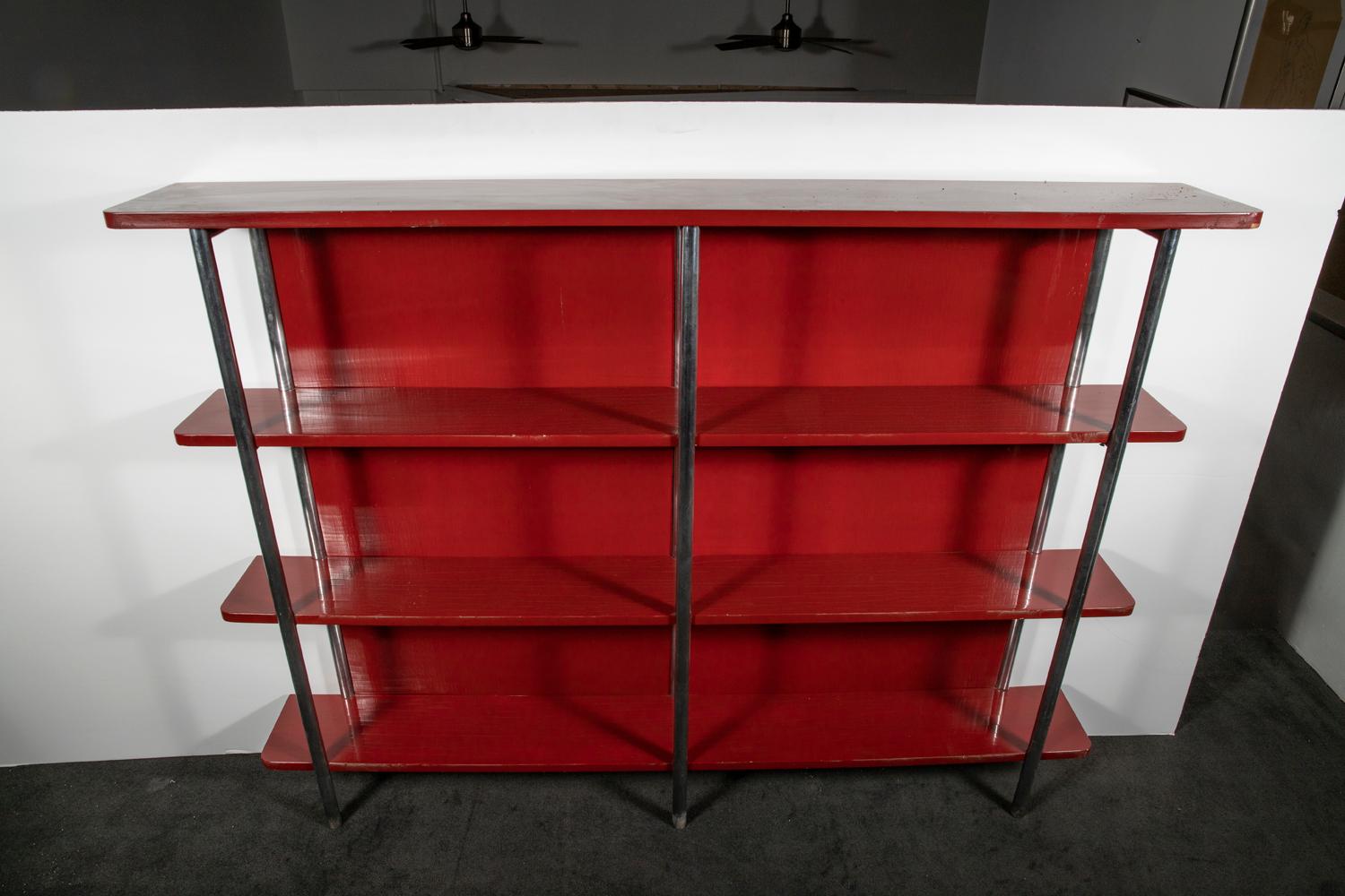 Jacques Adnet Red Lacquer Bookcase For Sale 1