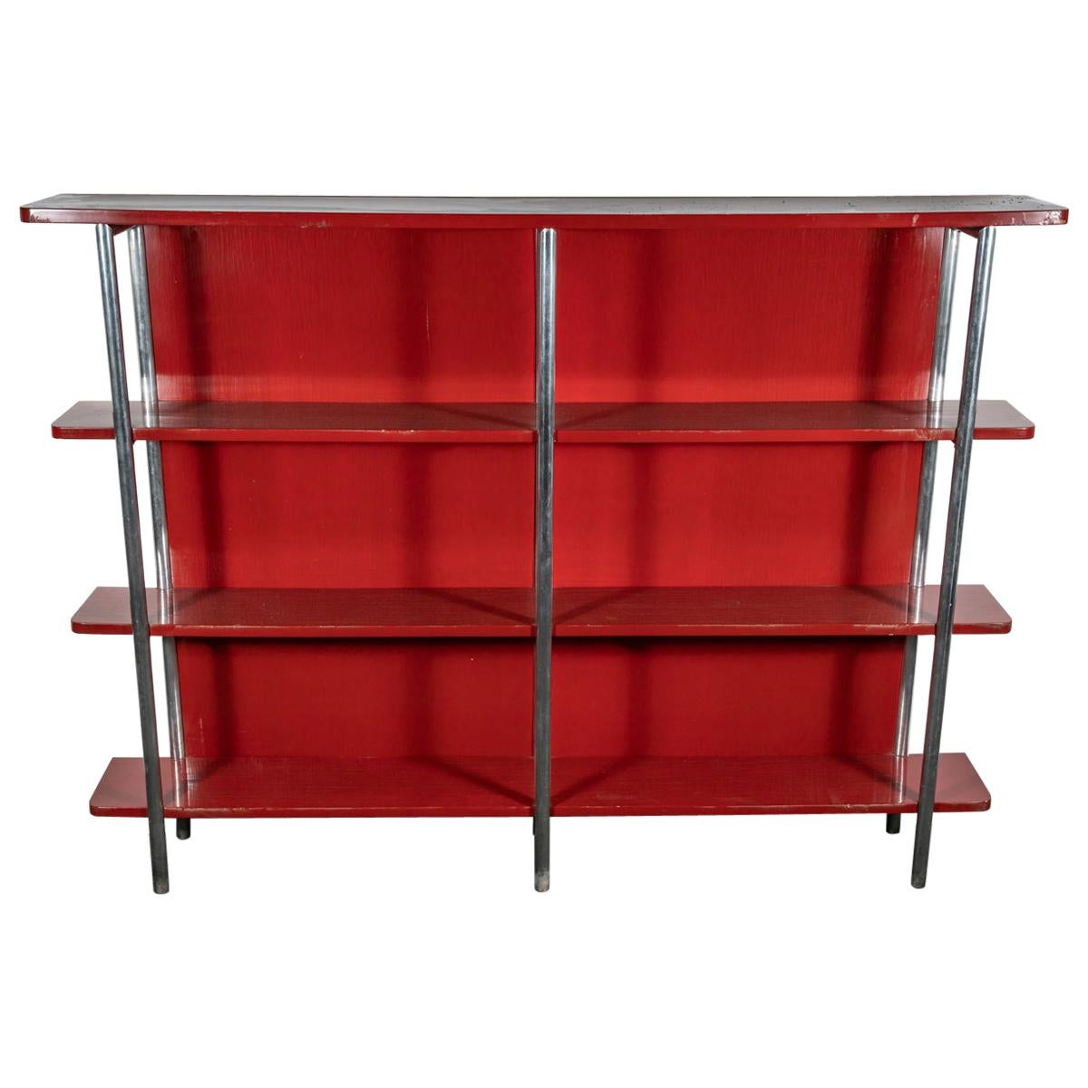 Jacques Adnet Red Lacquer Bookcase For Sale