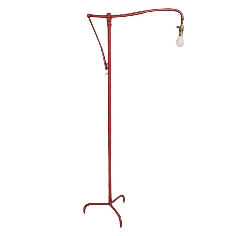 Jacques Adnet Red Leather Adjustable Floor Lamp For Sale