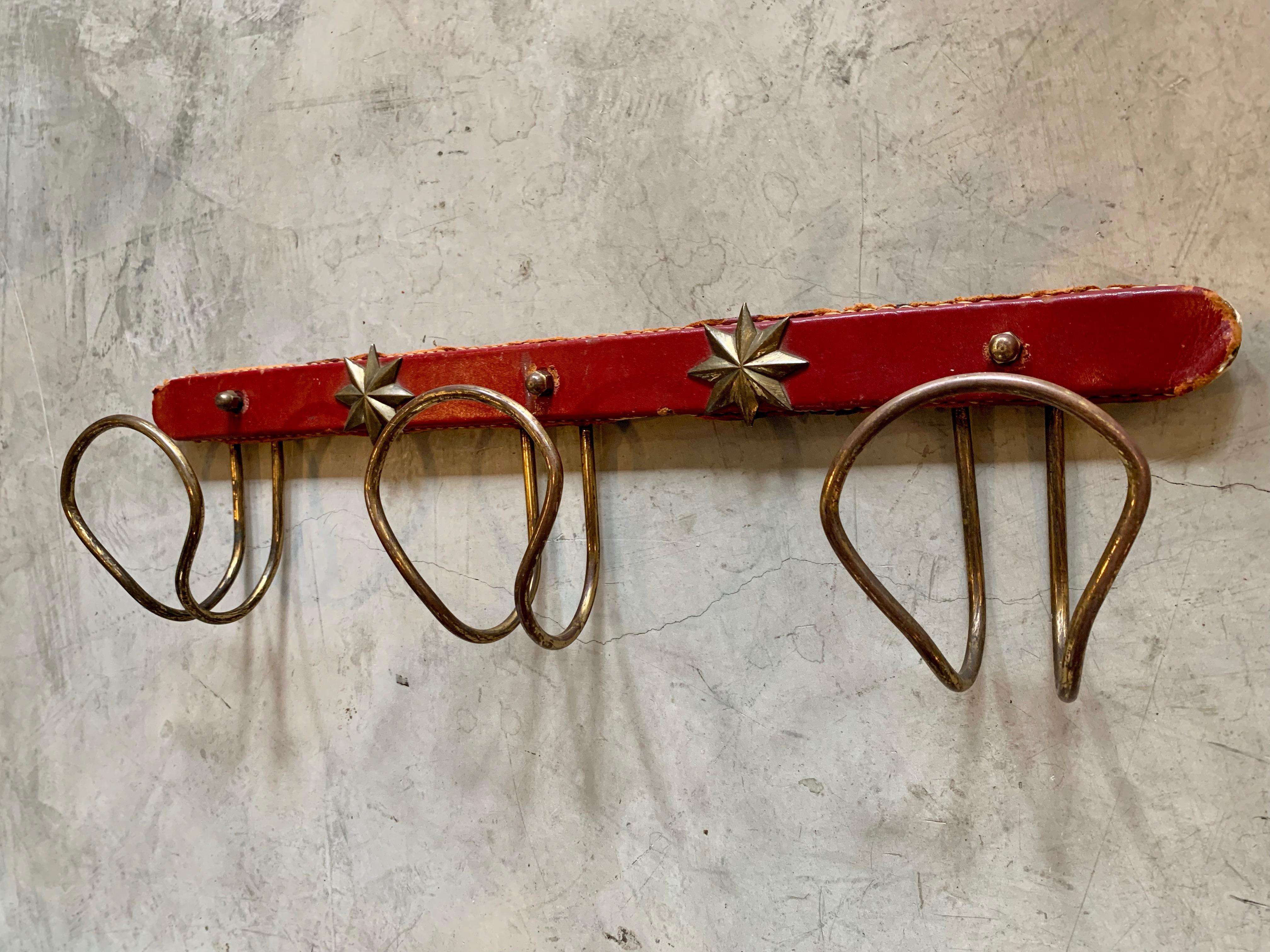 French Jacques Adnet Red Leather and Brass Coat Rack