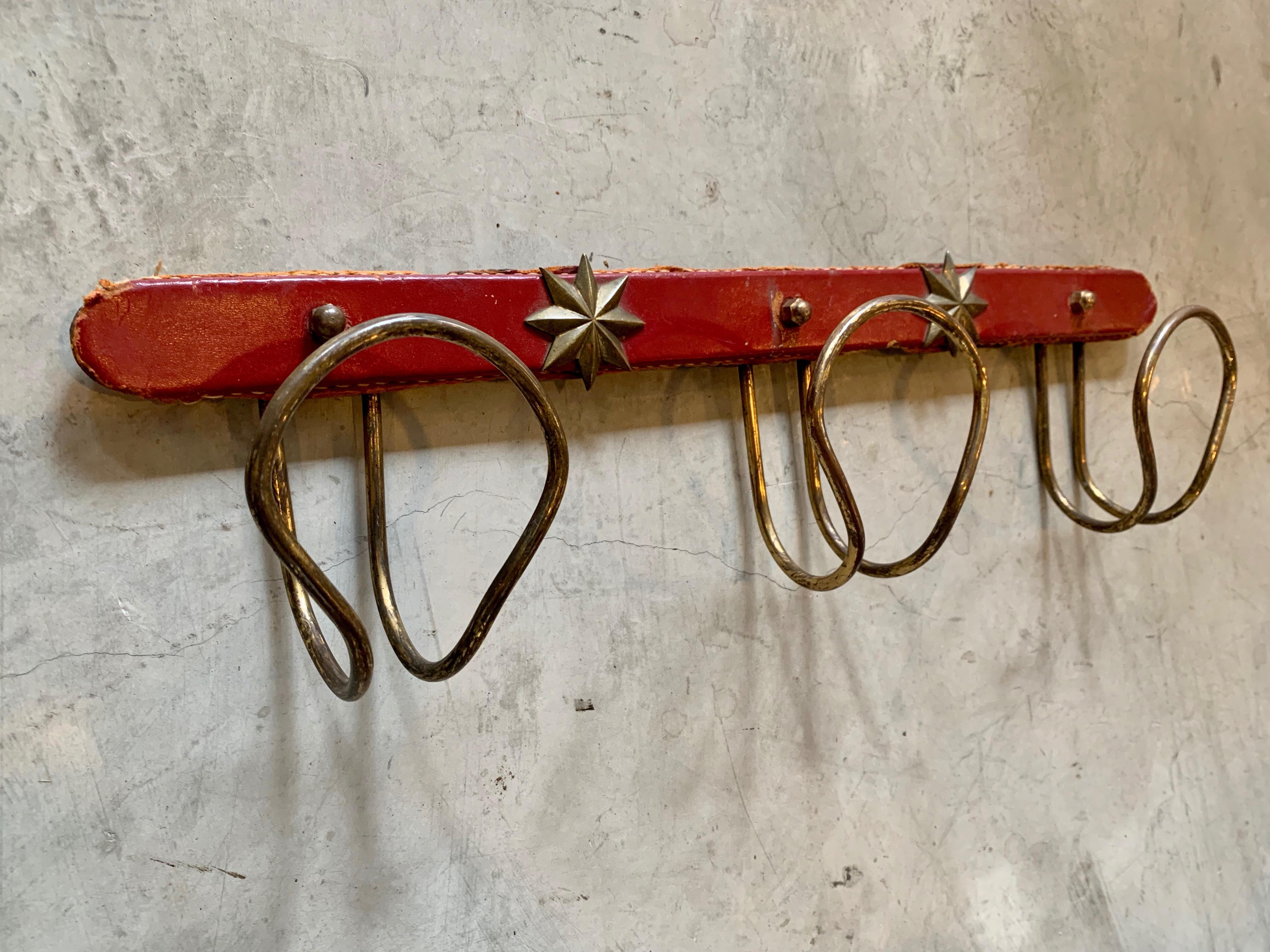 Jacques Adnet Red Leather and Brass Coat Rack In Good Condition In Los Angeles, CA