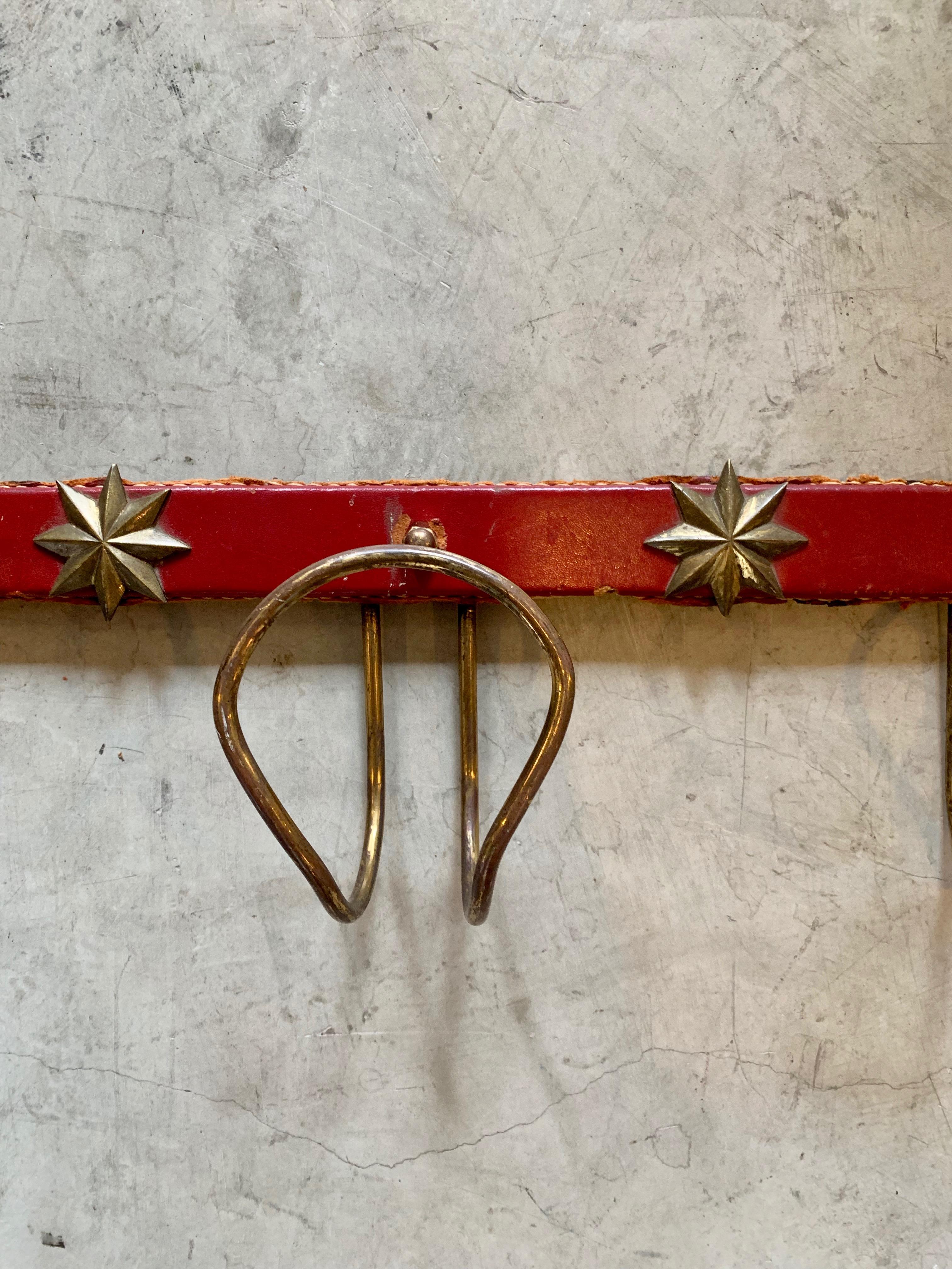 Jacques Adnet Red Leather and Brass Coat Rack 1