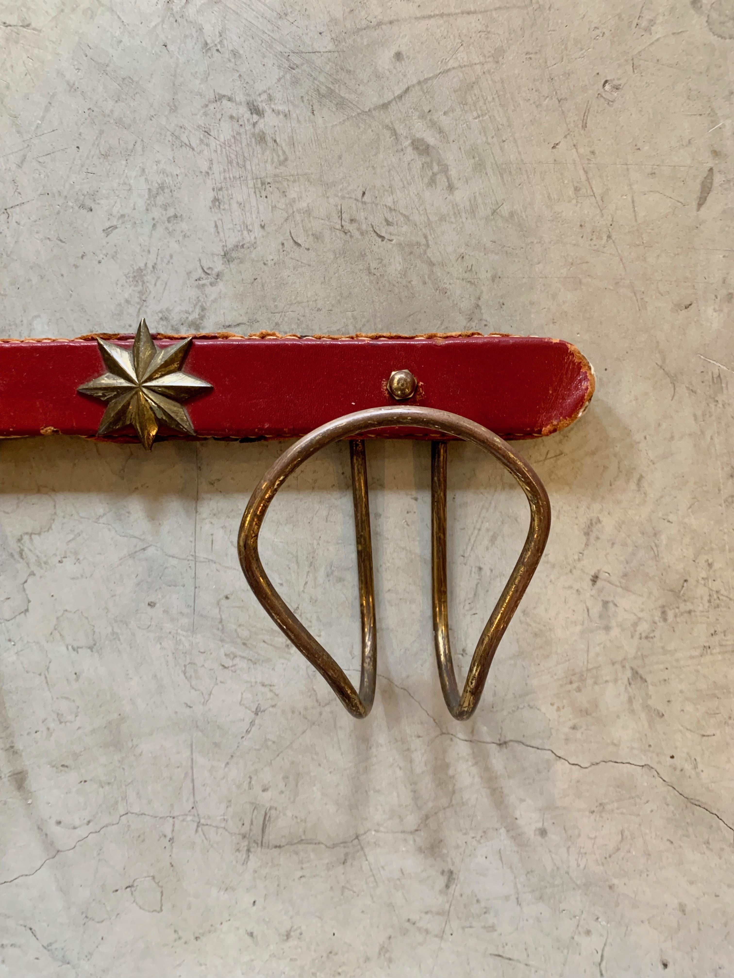 Jacques Adnet Red Leather and Brass Coat Rack 2