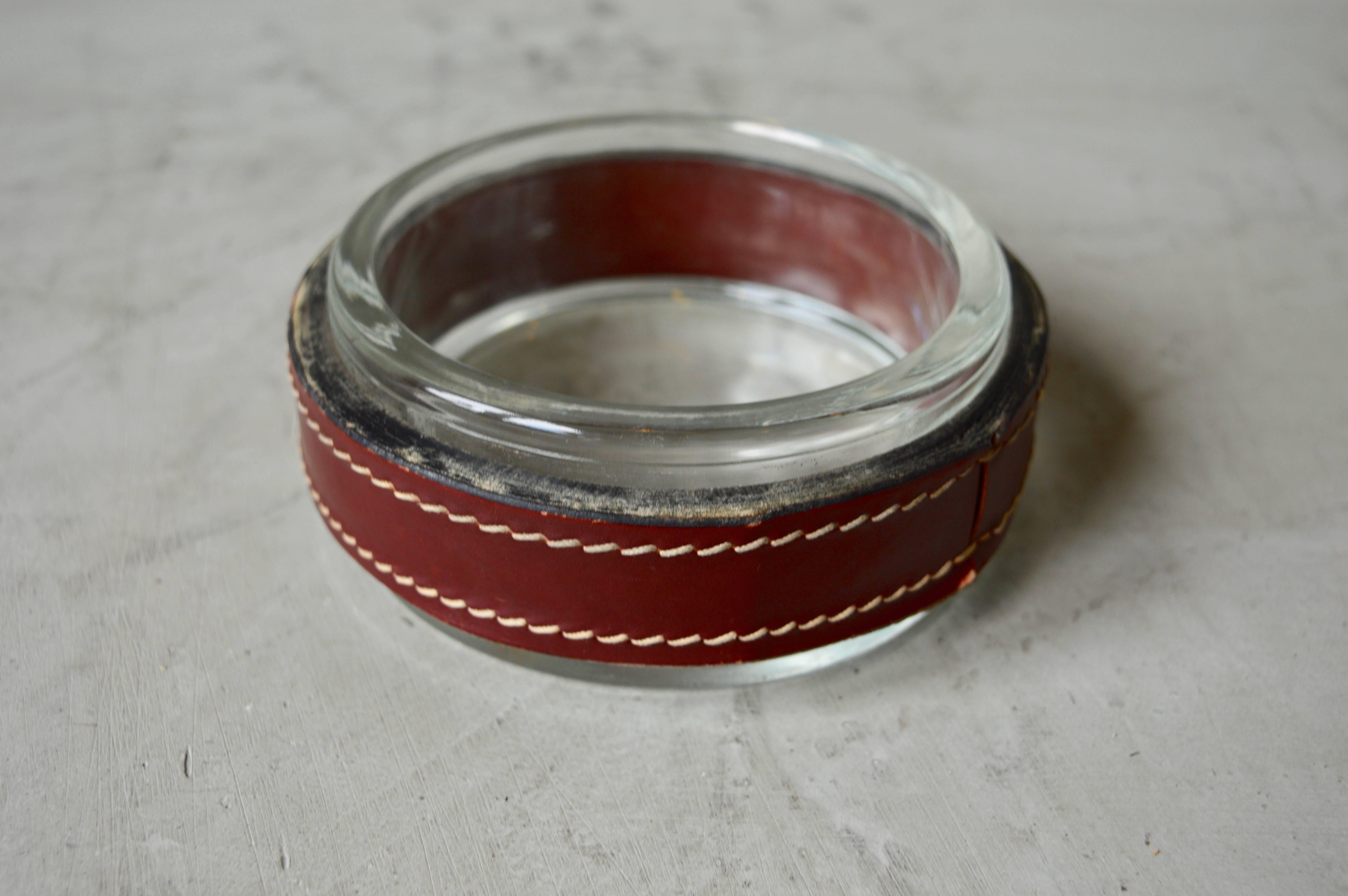 French Jacques Adnet Red Leather and Glass Ashtray