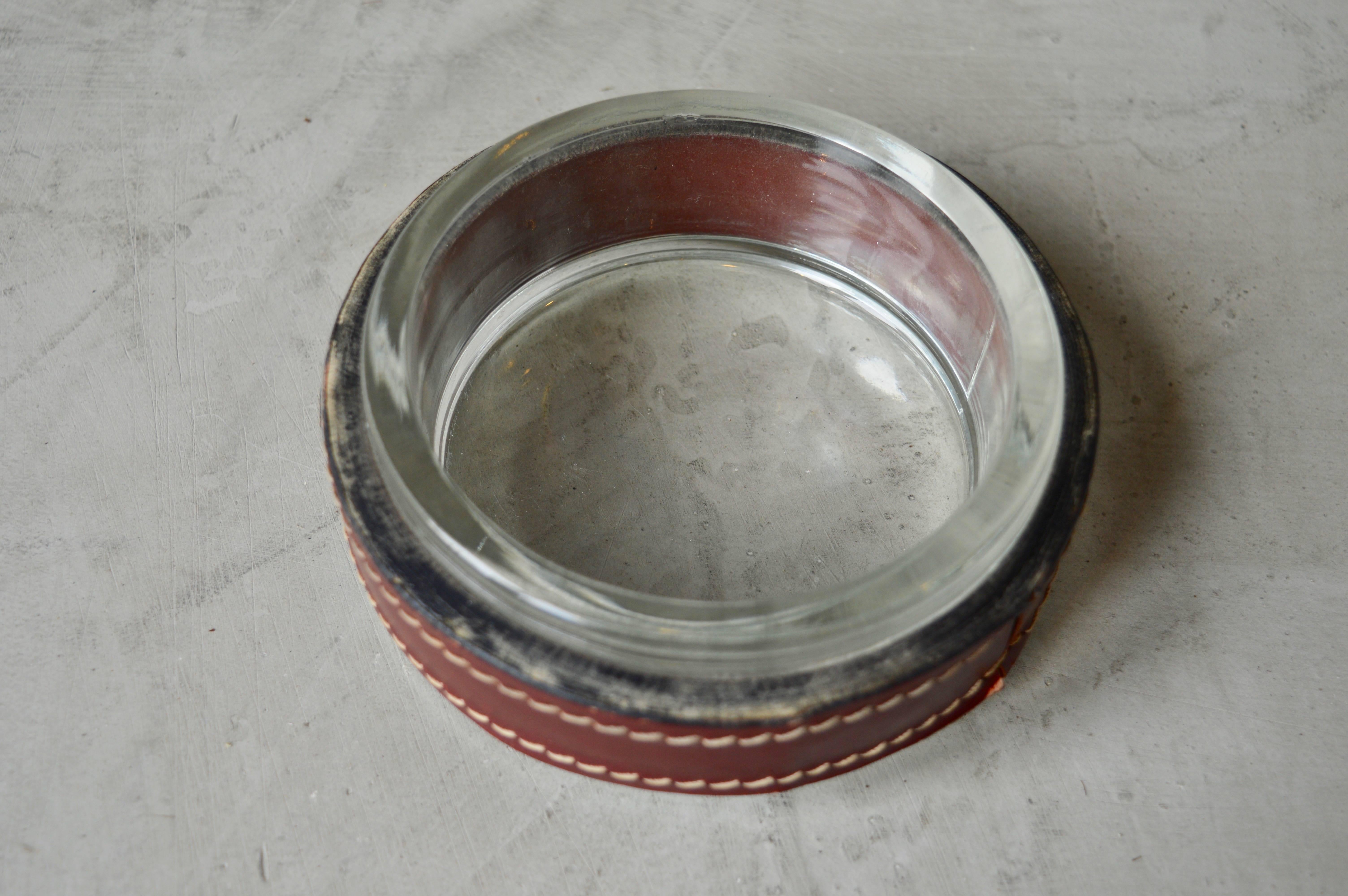 Jacques Adnet Red Leather and Glass Ashtray In Excellent Condition In Los Angeles, CA