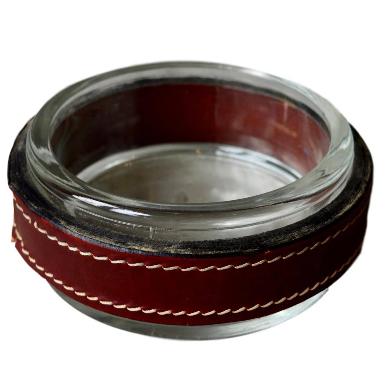 Jacques Adnet Red Leather and Glass Ashtray