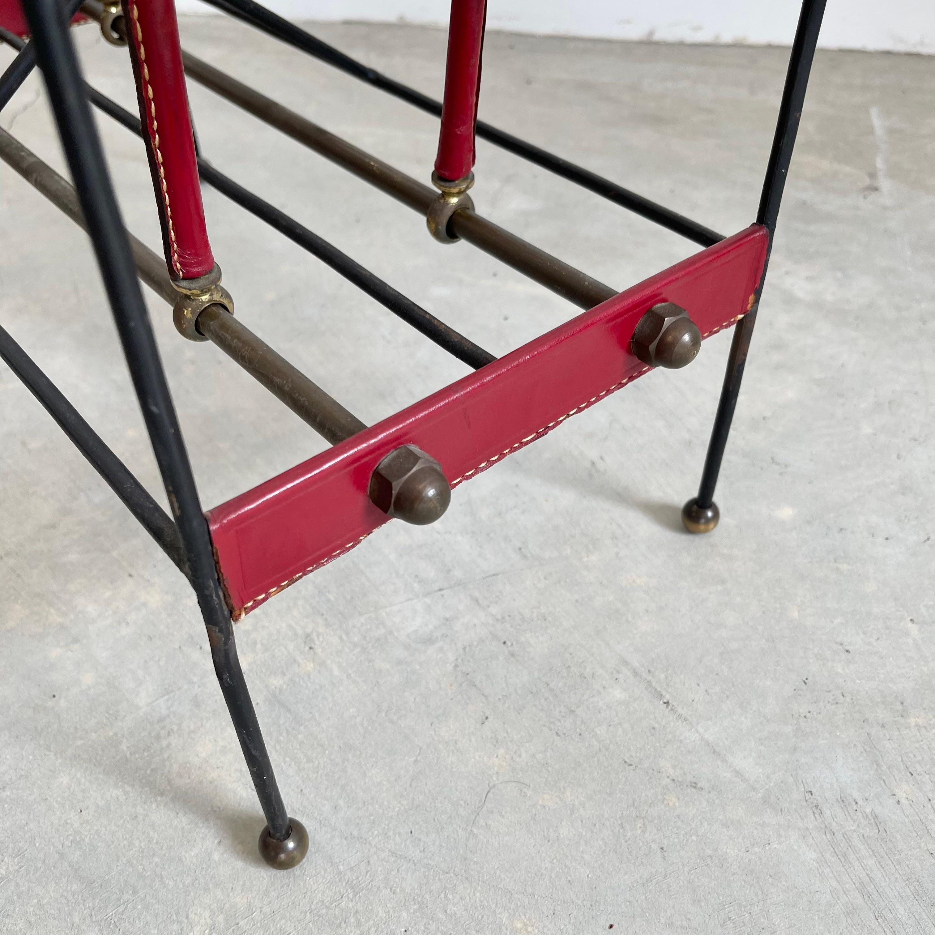 Jacques Adnet Red Leather and Metal Book Rack, 1950s For Sale 6