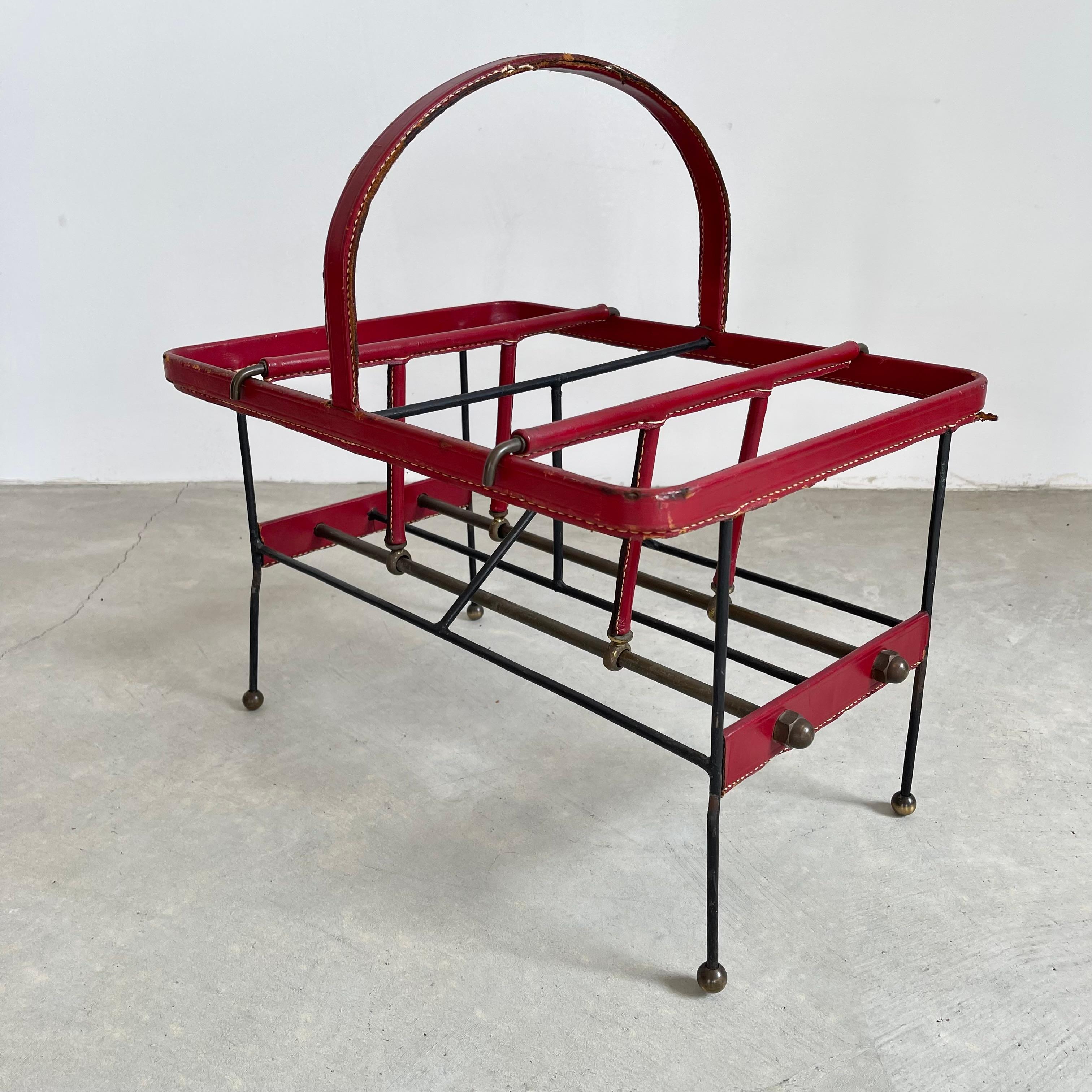 Jacques Adnet Red Leather and Metal Book Rack, 1950s For Sale 7