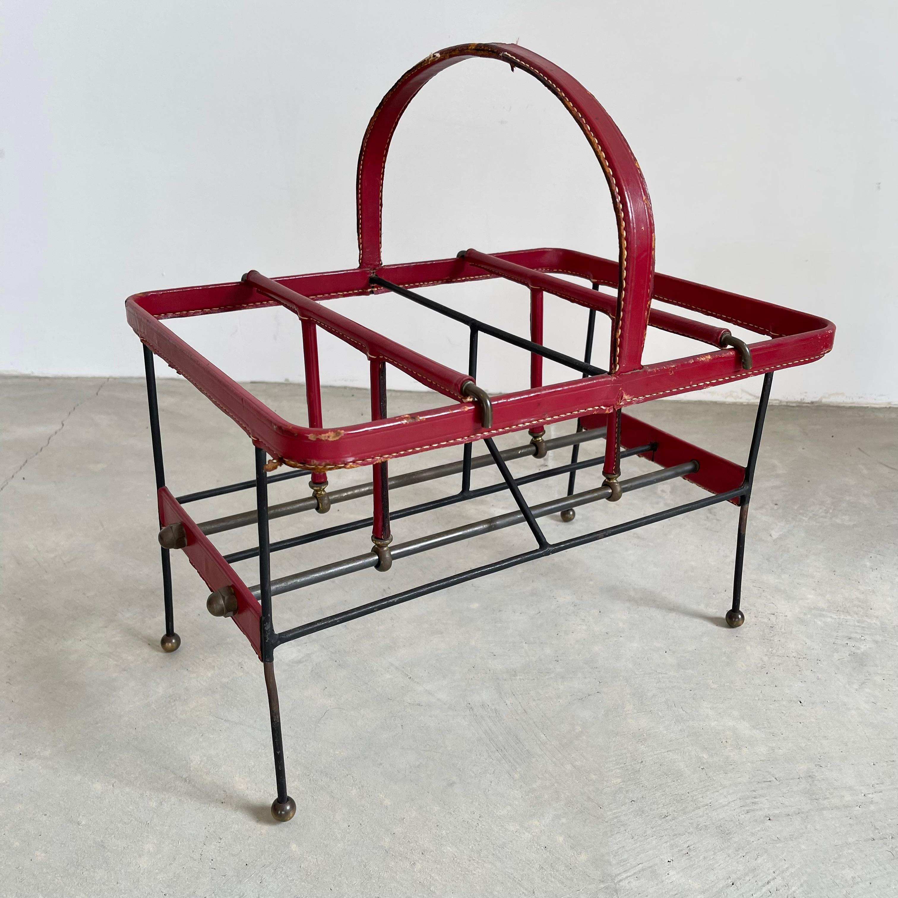 Art Deco Jacques Adnet Red Leather and Metal Book Rack, 1950s For Sale