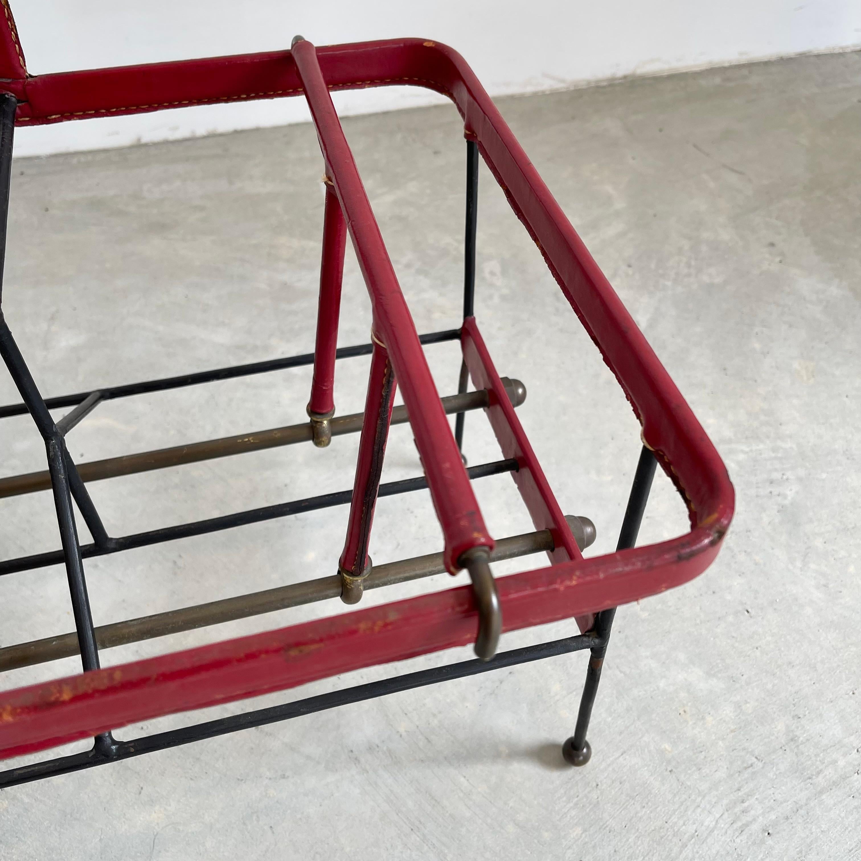 Jacques Adnet Red Leather and Metal Book Rack, 1950s For Sale 2