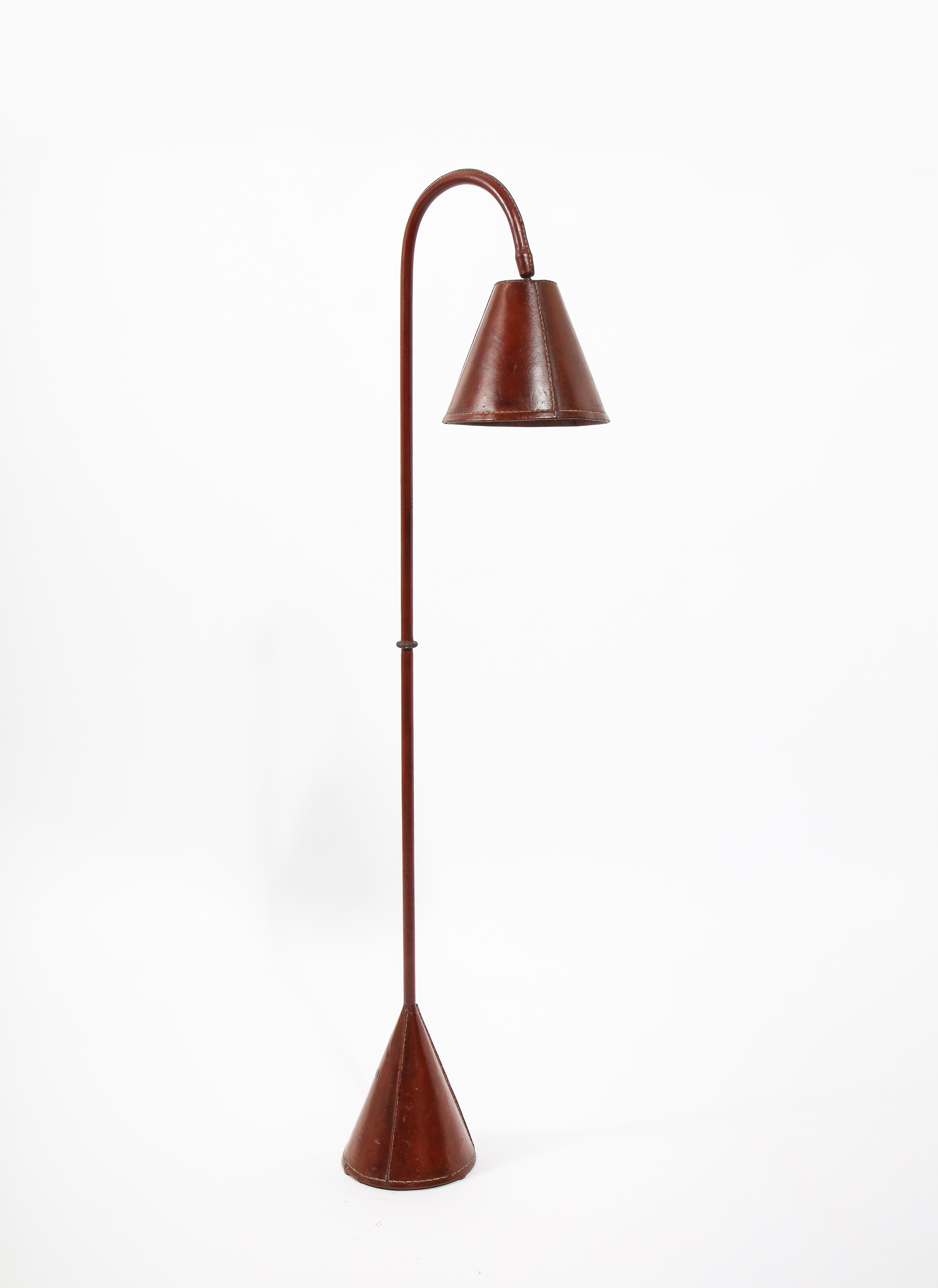 Mid-Century Modern Jacques Adnet Red Leather Reading Lamp, France 1950's