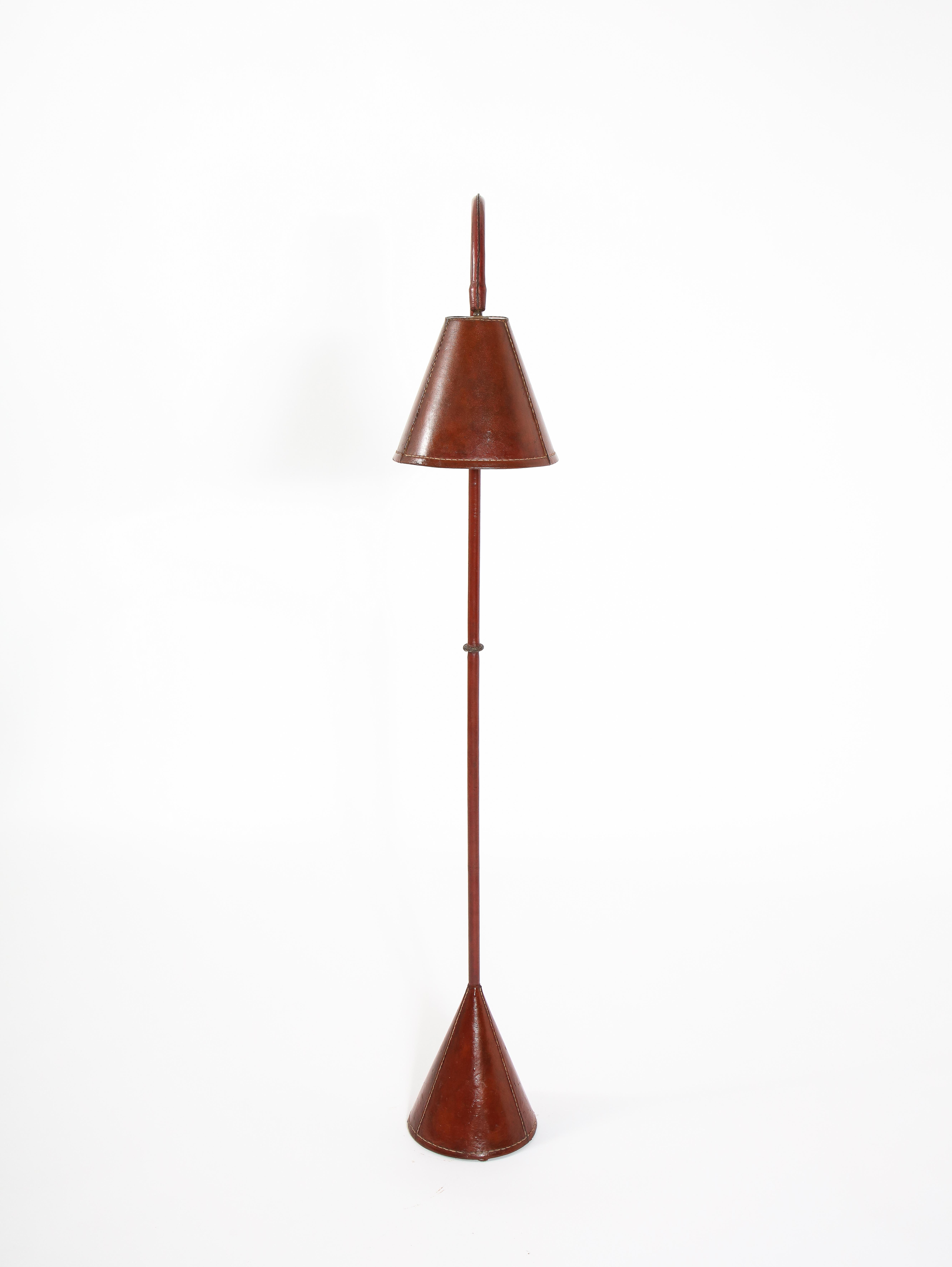 Brass Jacques Adnet Red Leather Reading Lamp, France 1950's