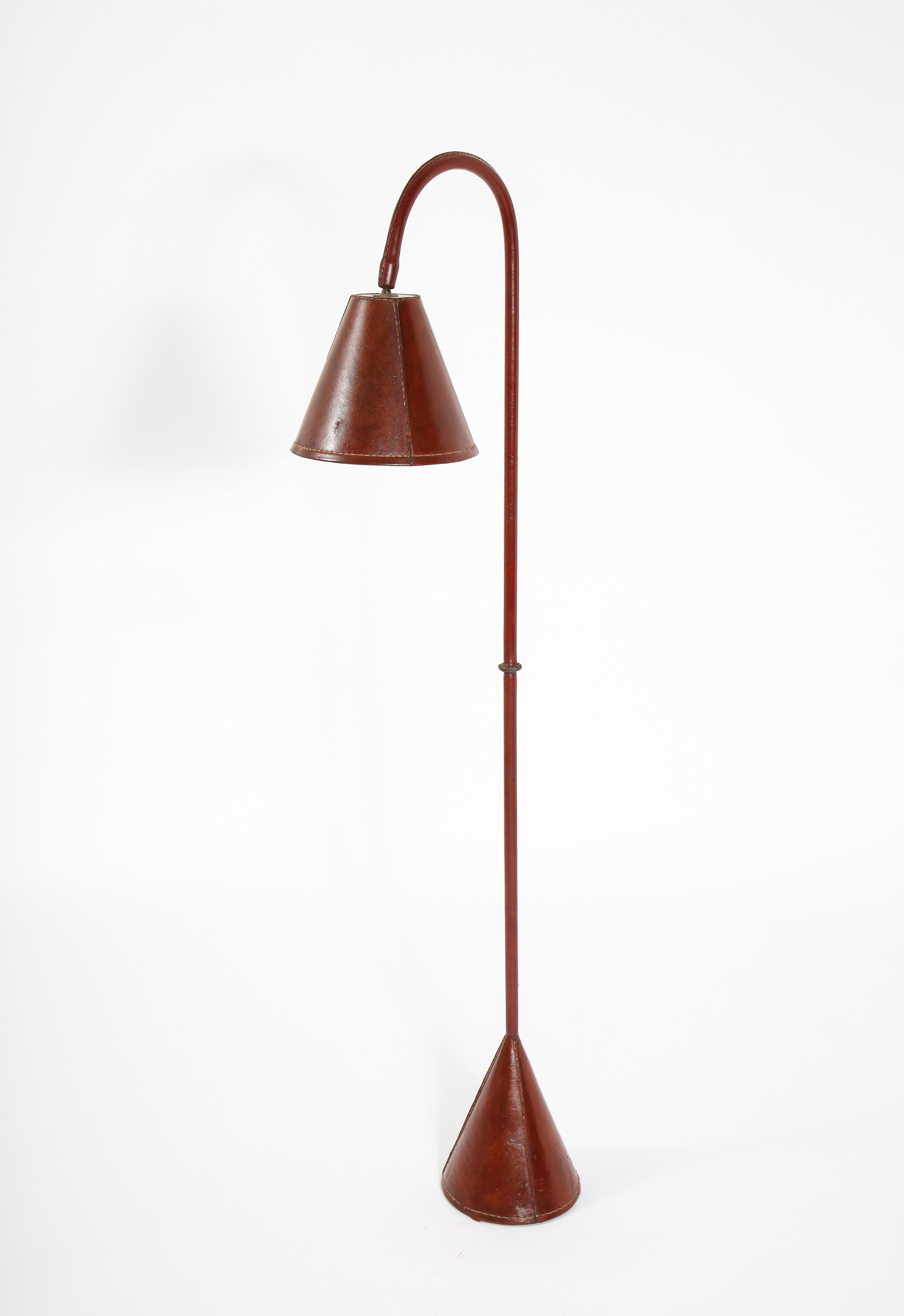 Jacques Adnet Red Leather Reading Lamp, France 1950's 2
