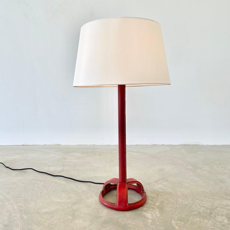 Jacques Adnet Red Leather Table Lamp, 1950s France For Sale 4