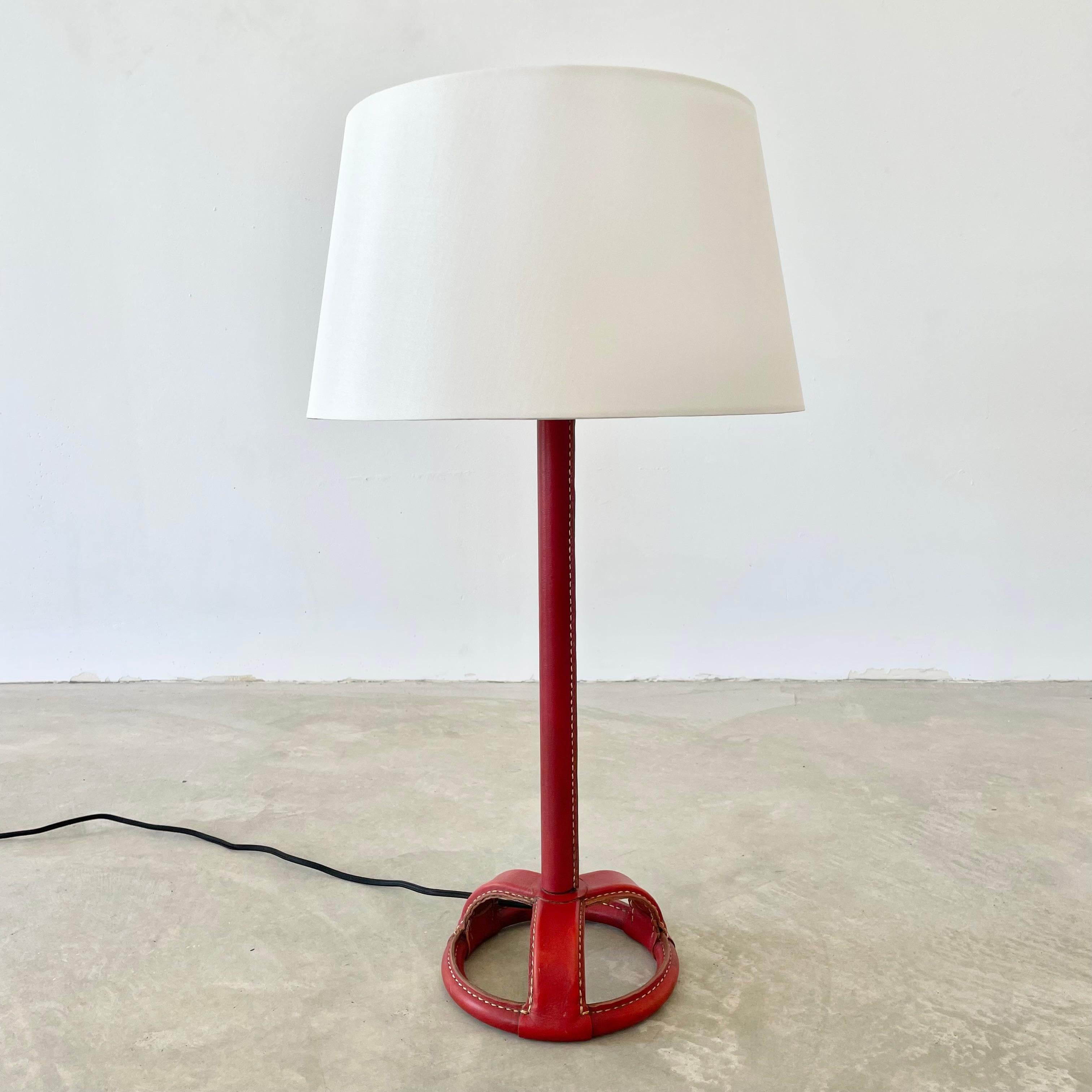 French Jacques Adnet Red Leather Table Lamp, 1950s France