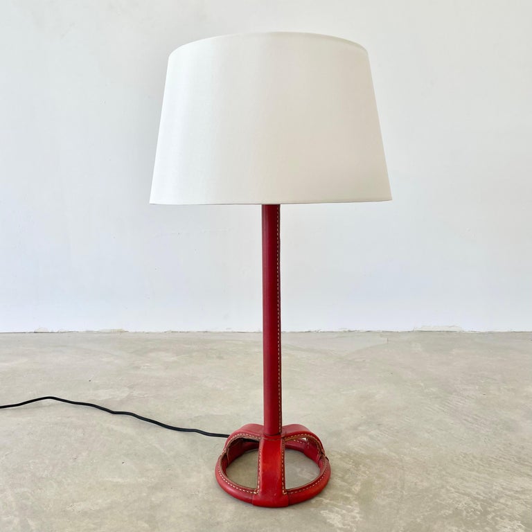 French Jacques Adnet Red Leather Table Lamp, 1950s France For Sale