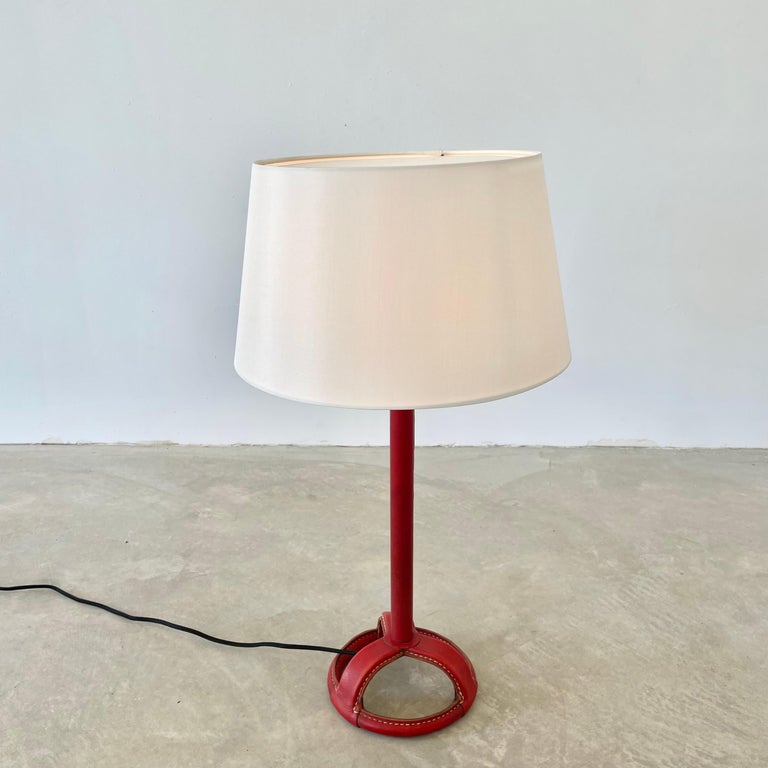 Jacques Adnet Red Leather Table Lamp, 1950s France In Excellent Condition For Sale In Los Angeles, CA
