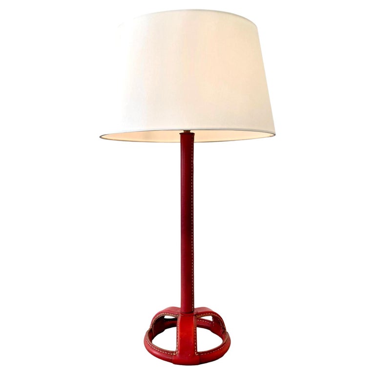 Jacques Adnet Red Leather Table Lamp, 1950s France For Sale