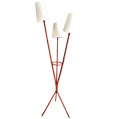 Jacques Adnet Red Leather Three-Arm Floor Lamp