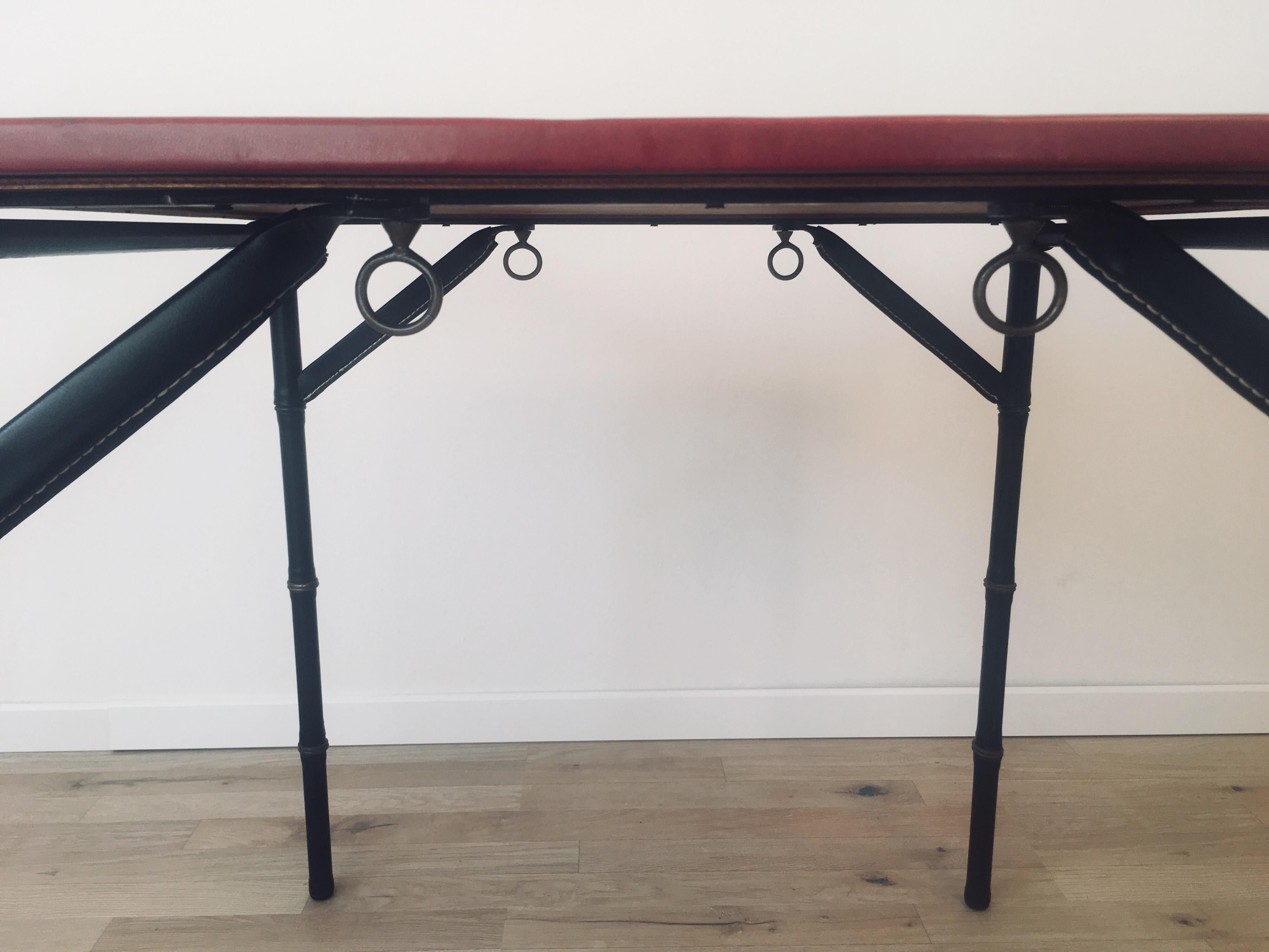 Mid-Century Modern Jacques Adnet Red Leather Top and Black Leather Folding Square Table, 1950s For Sale
