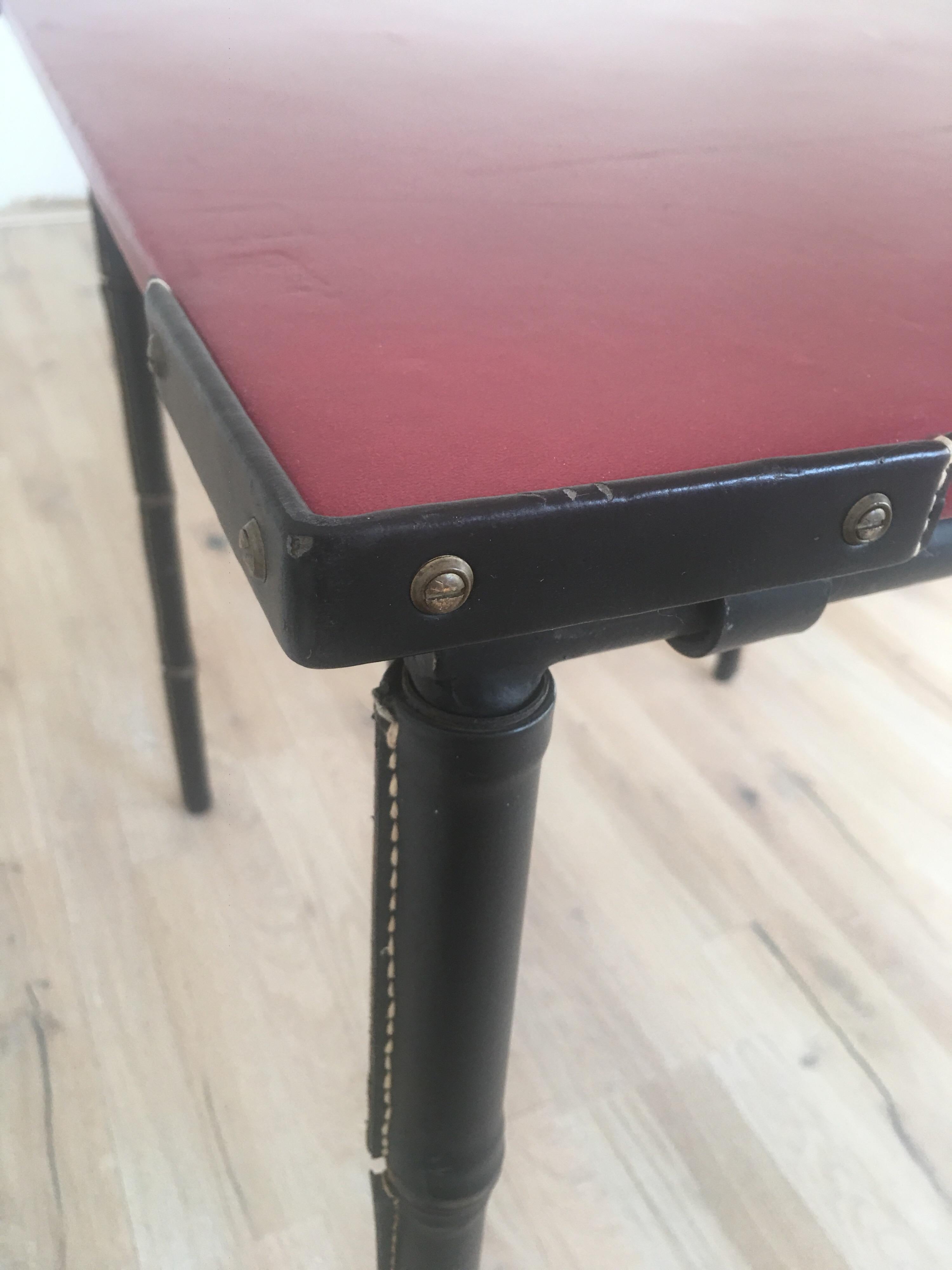 Mid-20th Century Jacques Adnet Red Leather Top and Black Leather Folding Square Table, 1950s For Sale