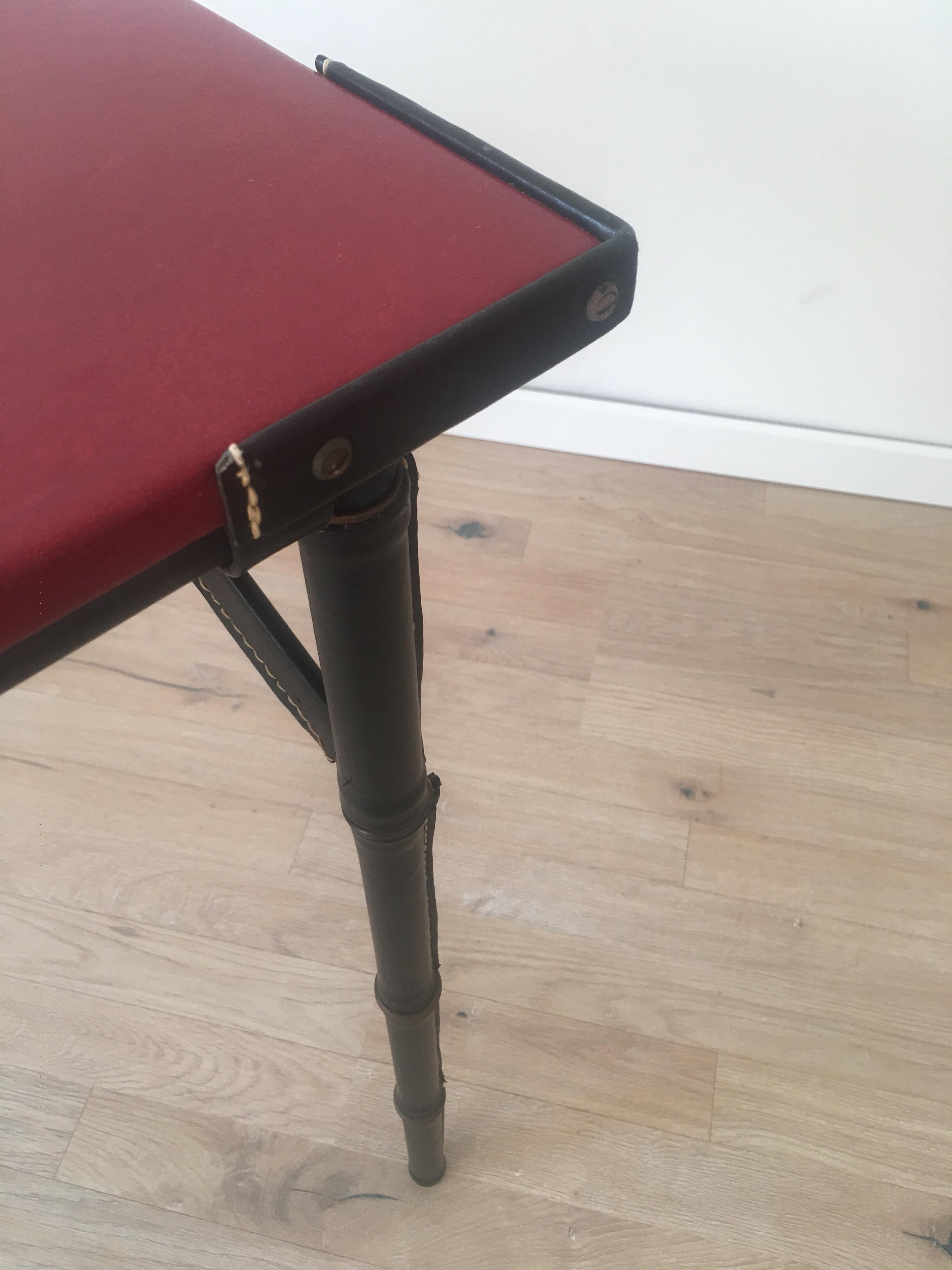 Brass Jacques Adnet Red Leather Top and Black Leather Folding Square Table, 1950s For Sale
