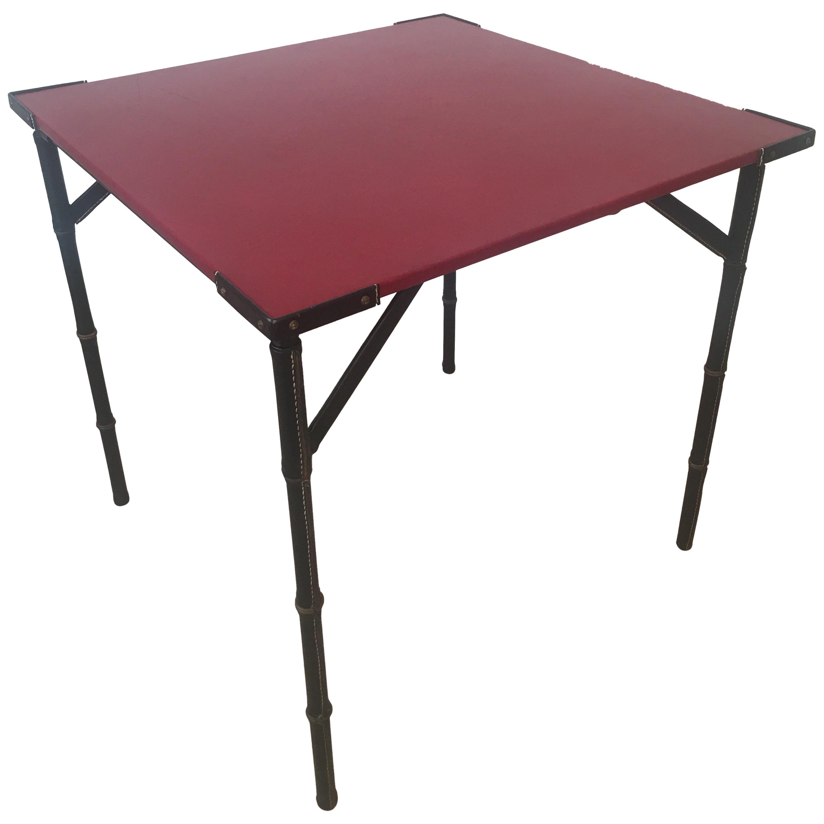 Jacques Adnet Red Leather Top and Black Leather Folding Square Table, 1950s For Sale