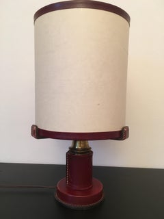 Jacques Adnet Red Saddle Stitched Leather Table Lamp, French, 1950s