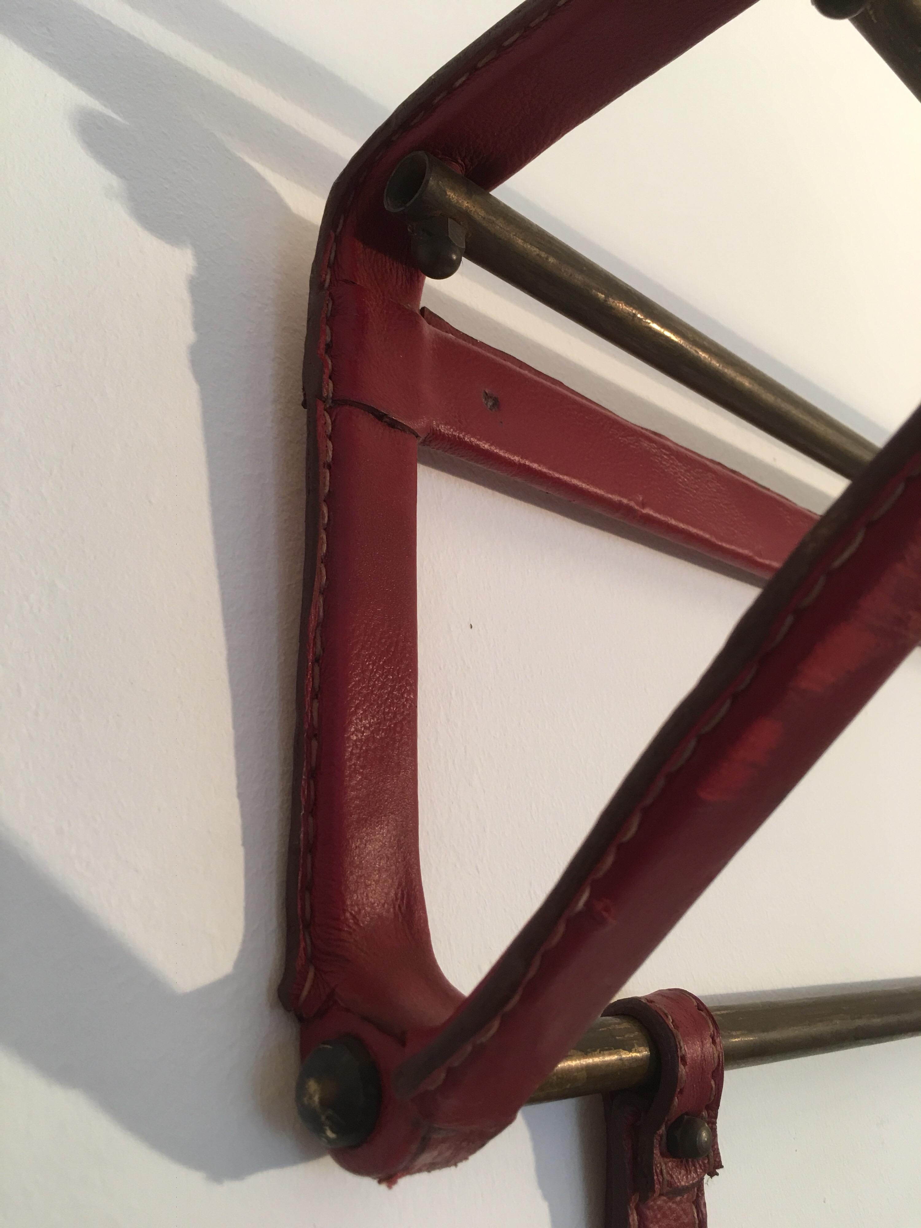 Jacques Adnet Red Stitched Leather Coat Rack, Brass Hat Rack, French, 1950s For Sale 4