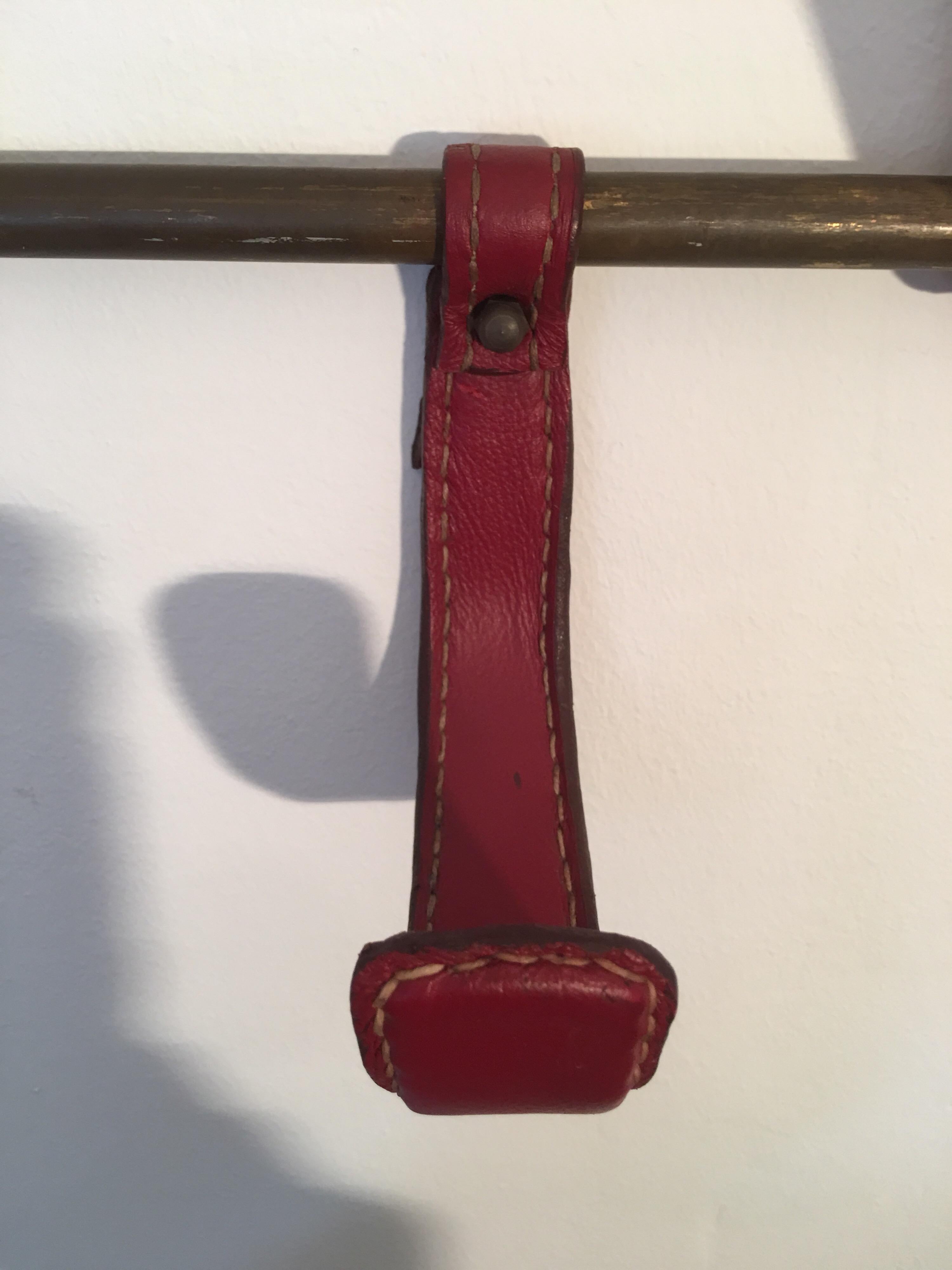Jacques Adnet Red Stitched Leather Coat Rack, Brass Hat Rack, French, 1950s For Sale 7