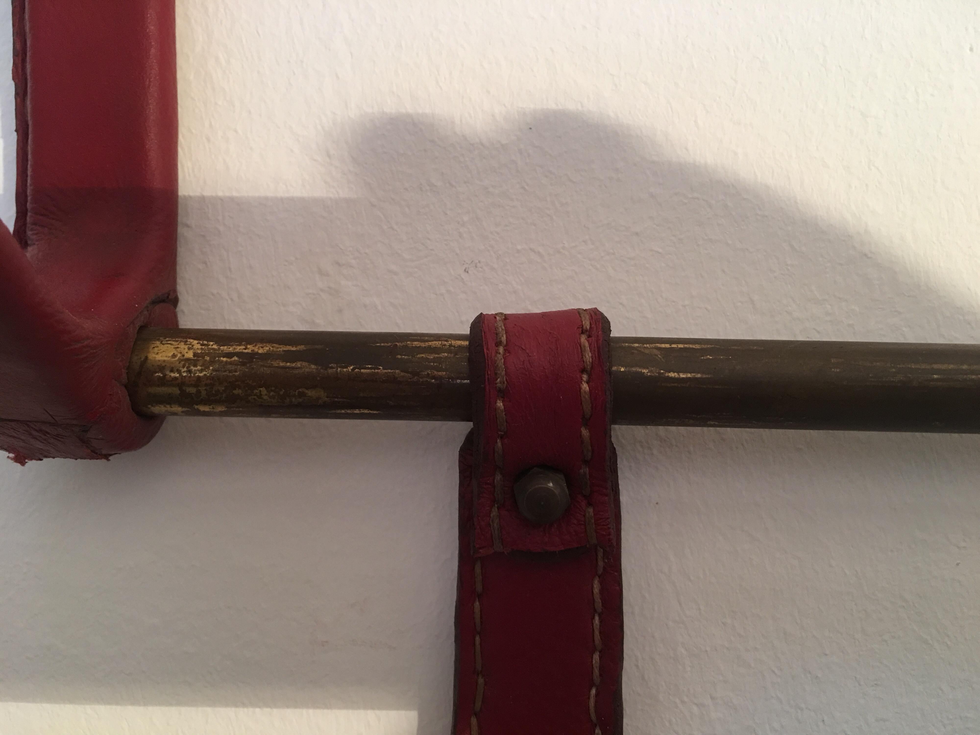 Jacques Adnet Red Stitched Leather Coat Rack, Brass Hat Rack, French, 1950s For Sale 8