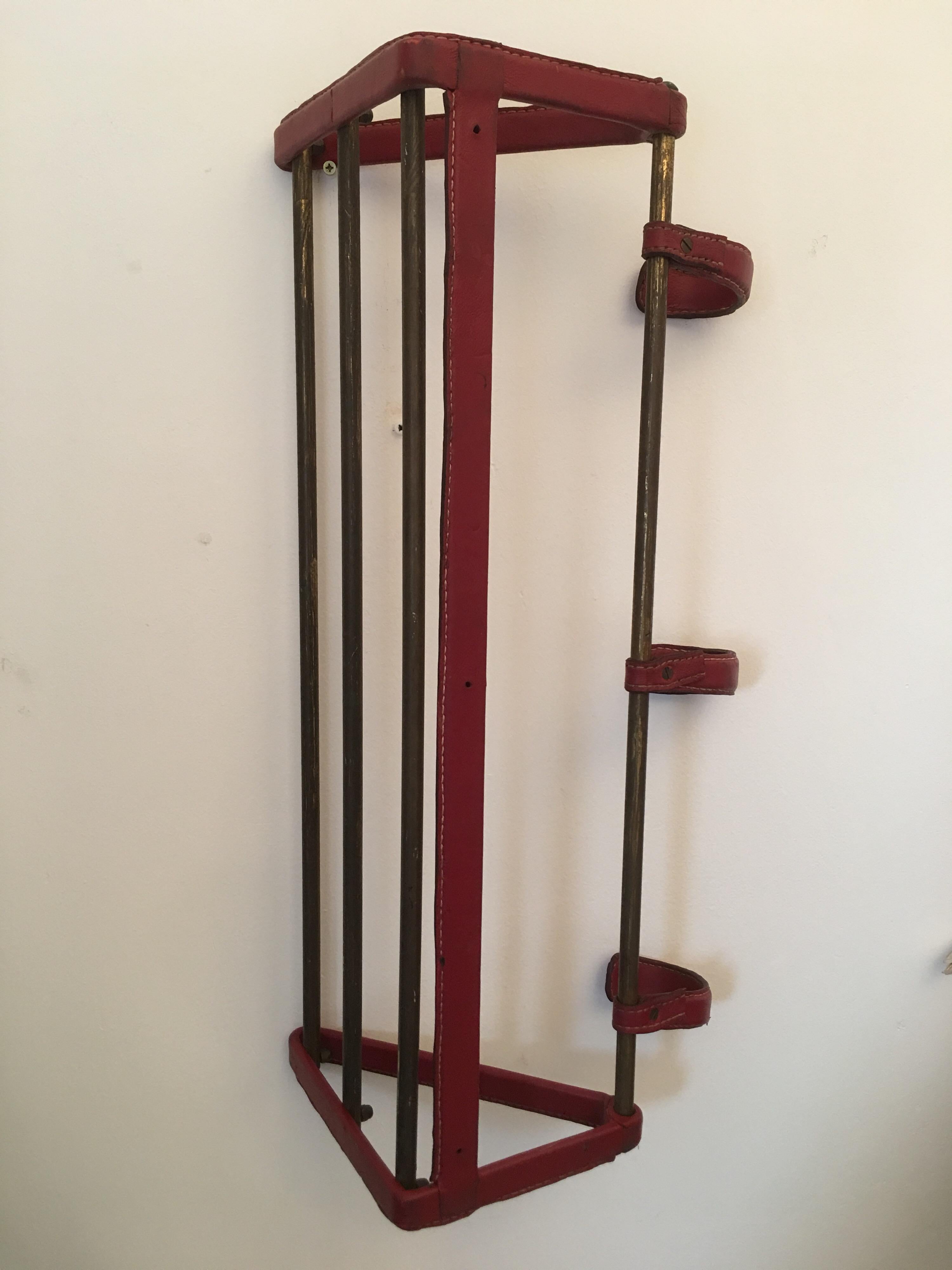 Jacques Adnet Red Stitched Leather Coat Rack, Brass Hat Rack, French, 1950s For Sale 9