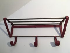 Jacques Adnet Red Stitched Leather Coat Rack, Brass Hat Rack, French, 1950s