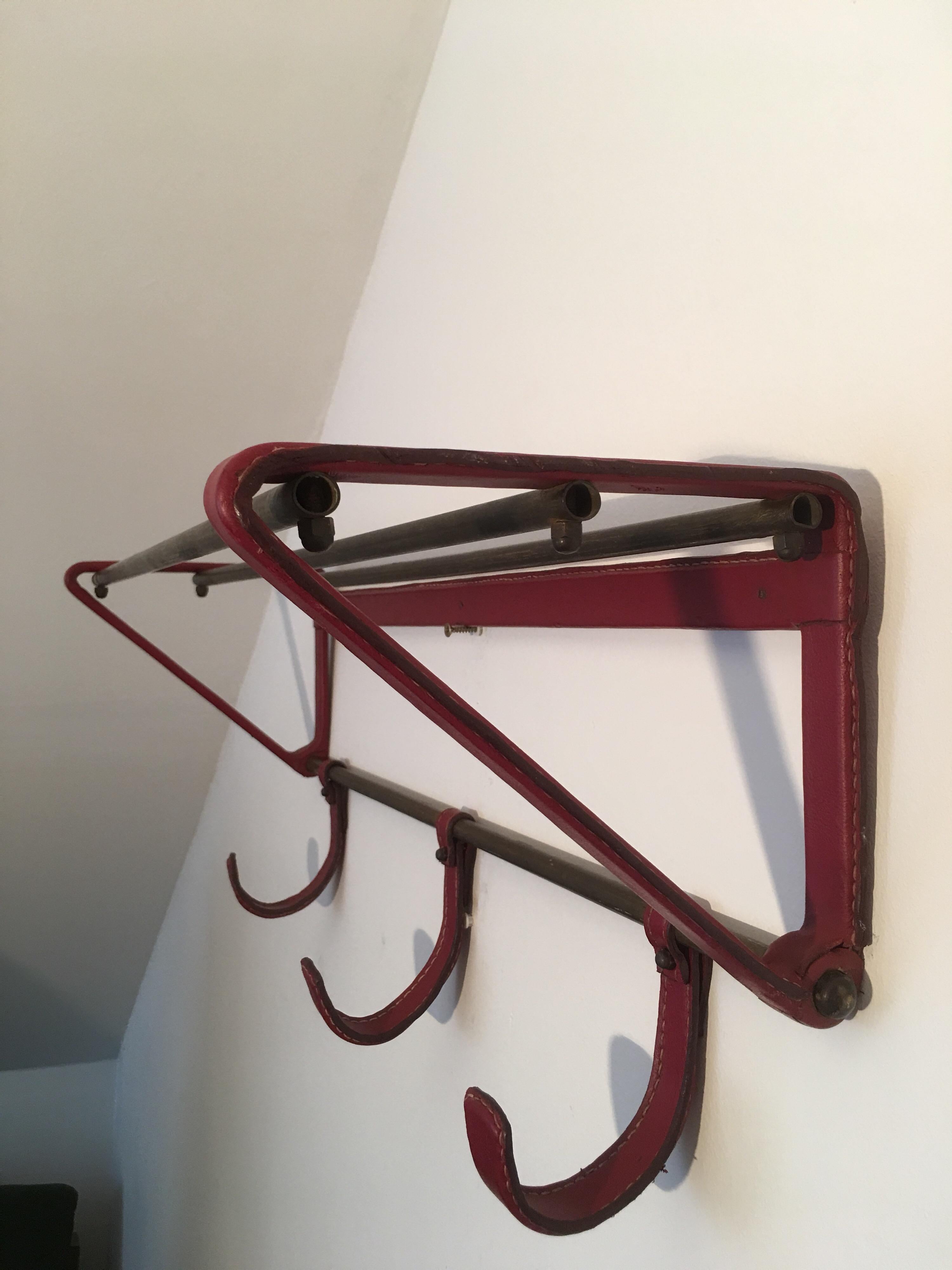 Mid-Century Modern Jacques Adnet Red Stitched Leather Coat Rack, Brass Hat Rack, French, 1950s For Sale